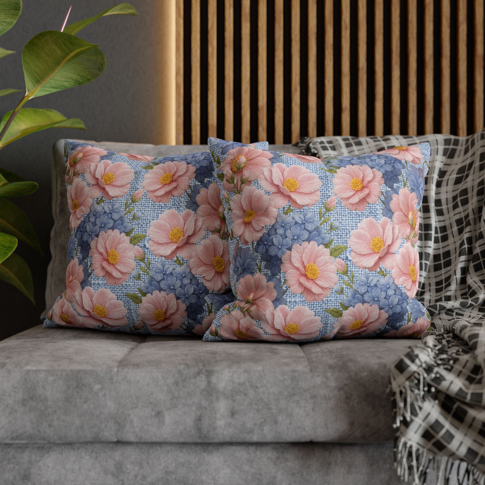 Blush Peony & Blue Hydrangea Pillow Case | Soft Provence Floral Cushion Cover