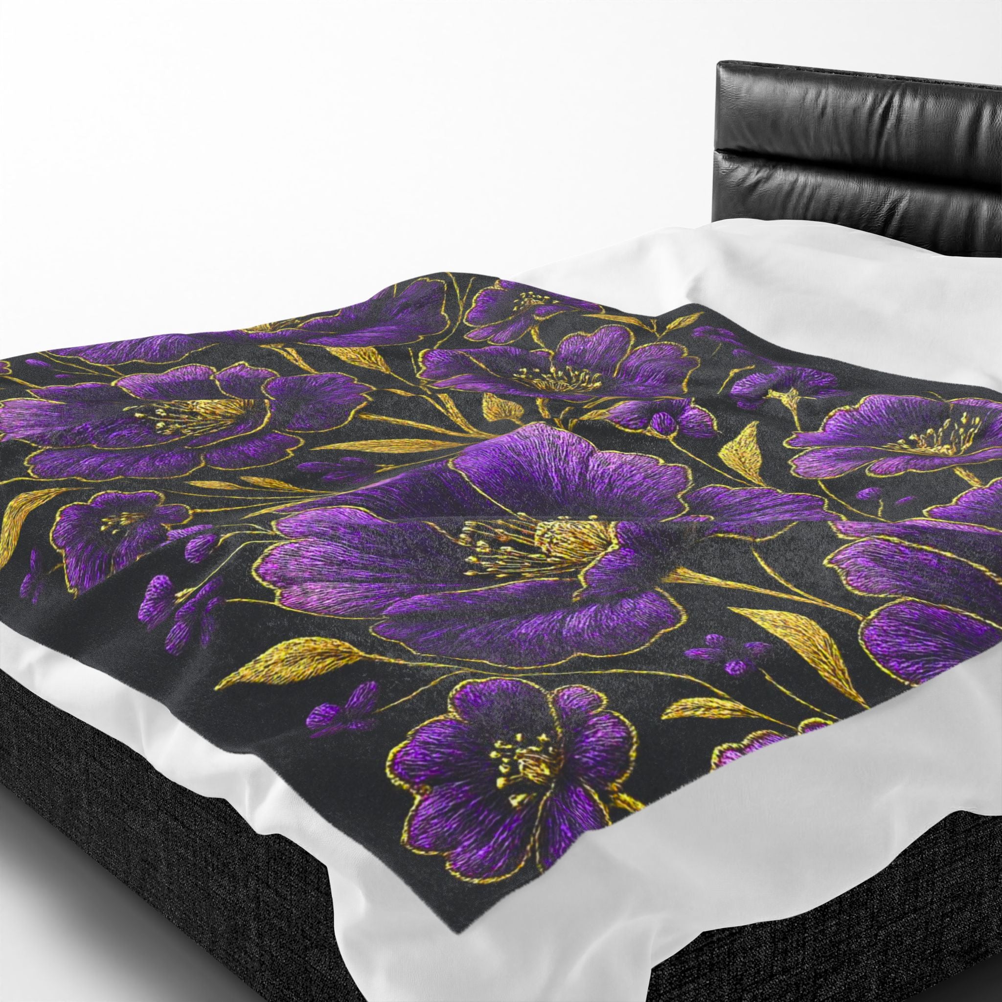 Petrykivka Bloom Blanket | Purple Poppy Floral Plush Throw | Moody Gold Embroidered Look Velveteen Cozy Blanket