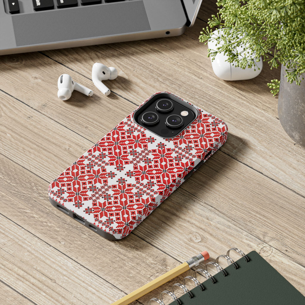 BLUESKYDEZIGN | Mariia Red Phone Case | Ukrainian Folk Embroidery Red & Black Geometric iPhone Cover | Heritage Gift