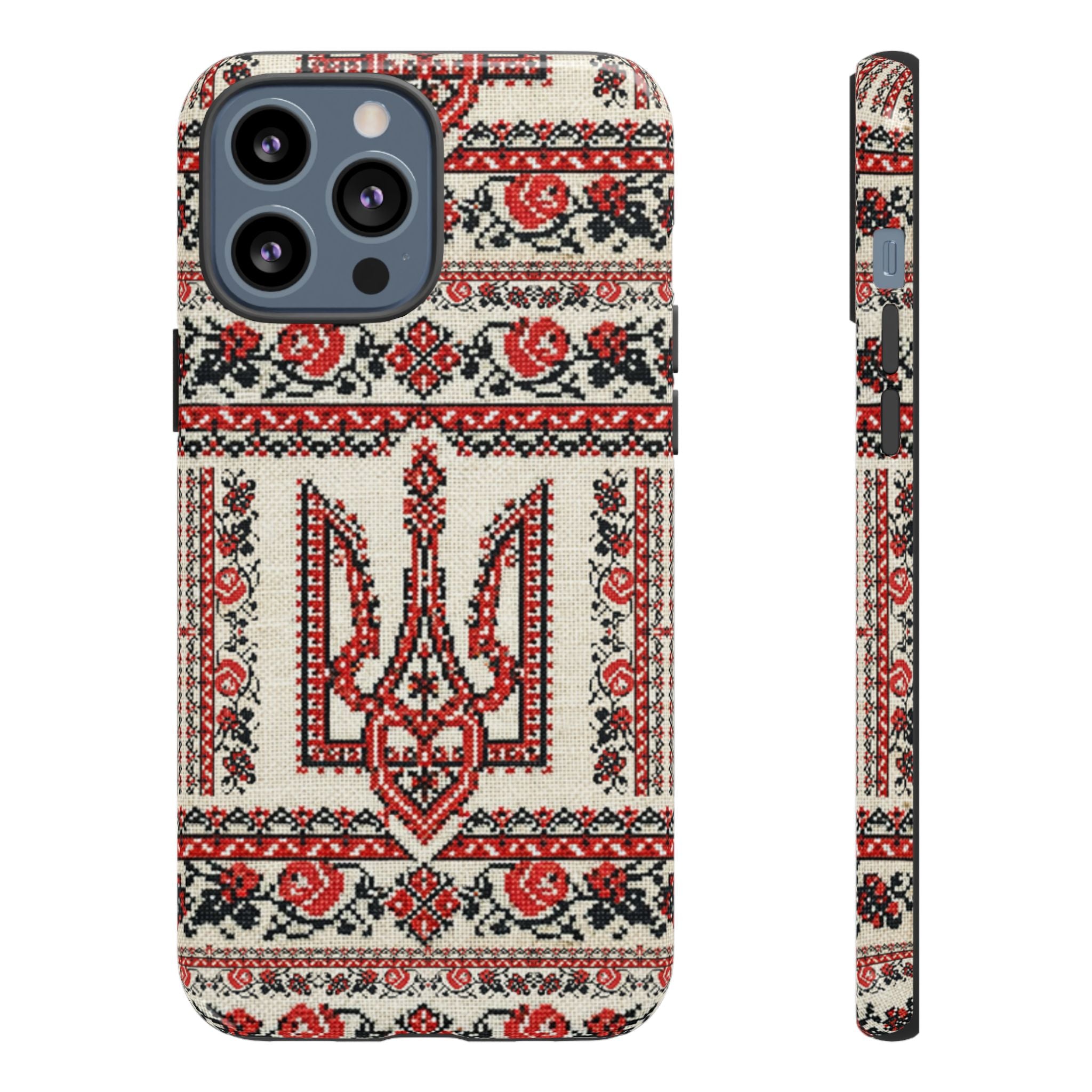 Ukrainian Trident Embroidery Phone Case • Red Black Trident Pattern • Protective Folk Art Cover for iPhone & Samsung