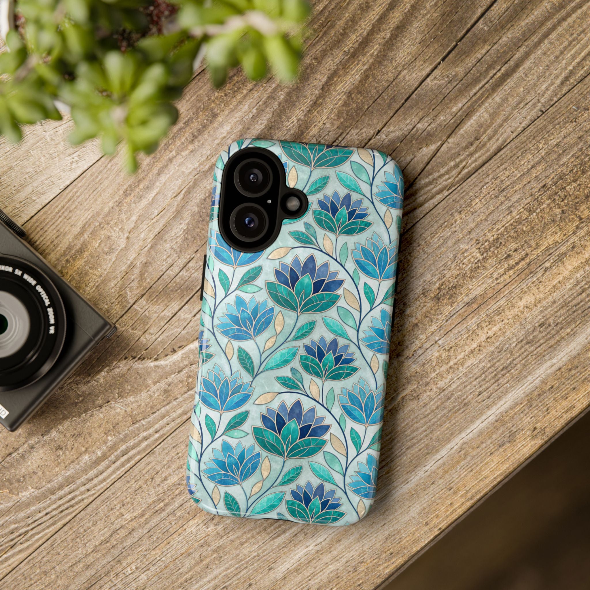Mosaic iPhone Case, Stained Glass Floral Phone Cover, Teal Blue Protective Case, Matte Glossy Options, Artistic Mosaic Pattern