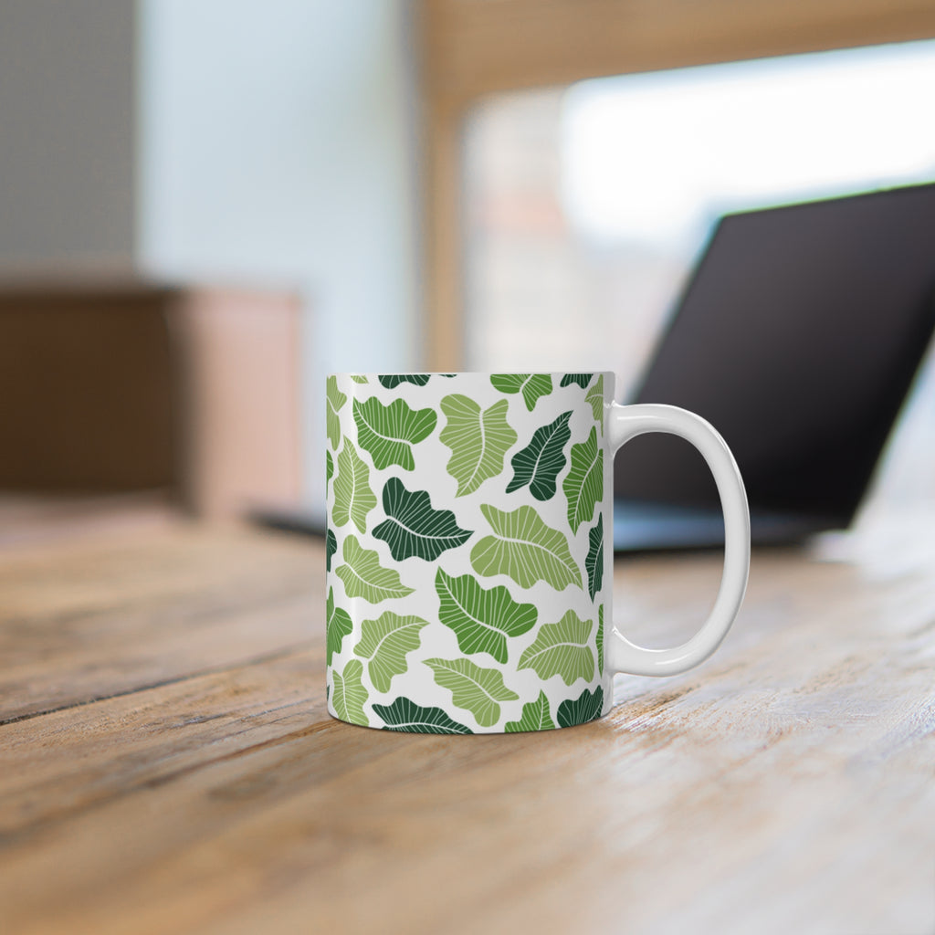 Green Leaf Ceramic Mug 11oz - Botanical Nature Coffee Cup, Plant Lover Gift, Microwave Safe Drinkware