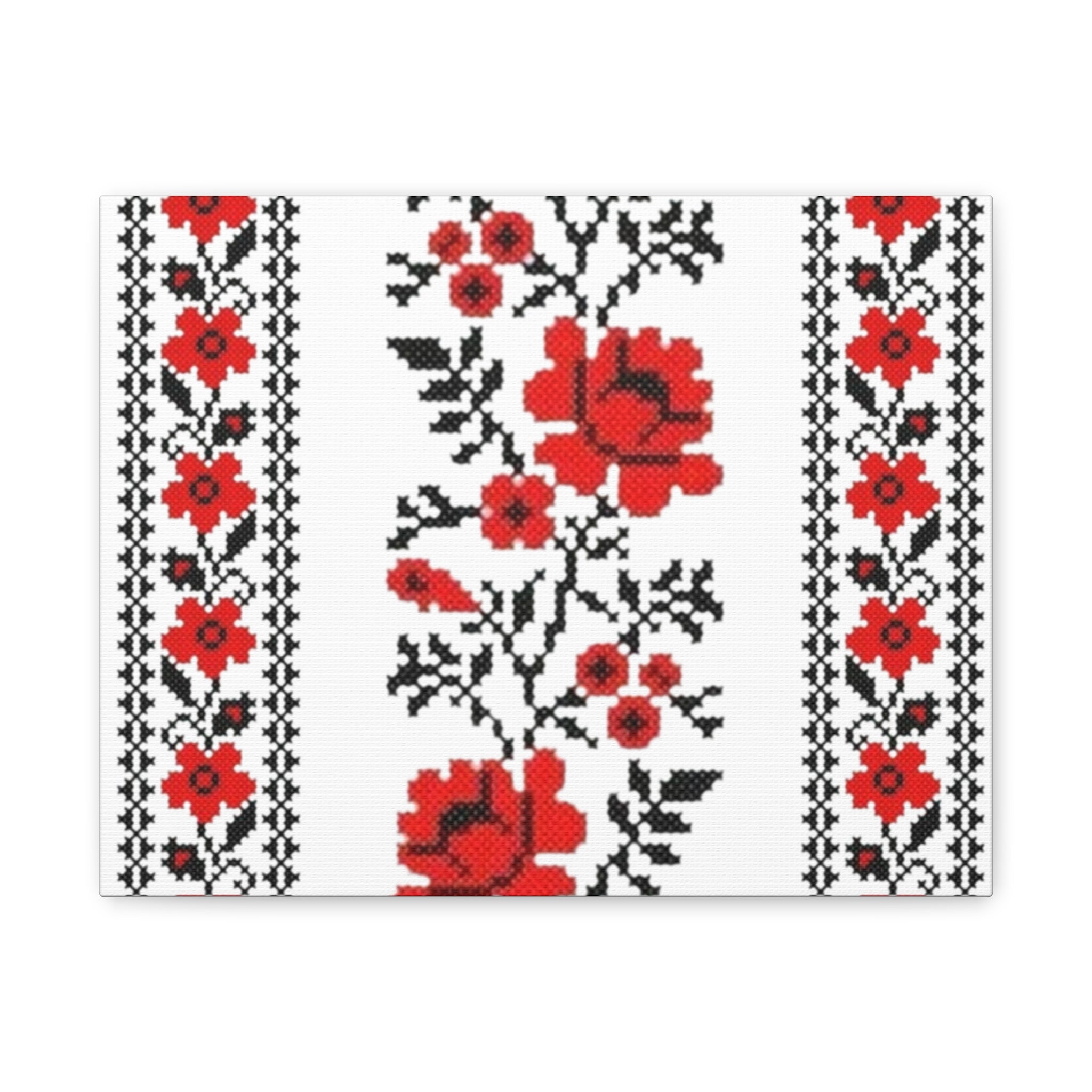 Ukrainian Embroidery Wall Art, Red Black Folk Floral Pattern, Traditional Slavic Home Decor Canvas for Living Room or Entryway, Matte Print, Stretched 1.25" Ready to Hang