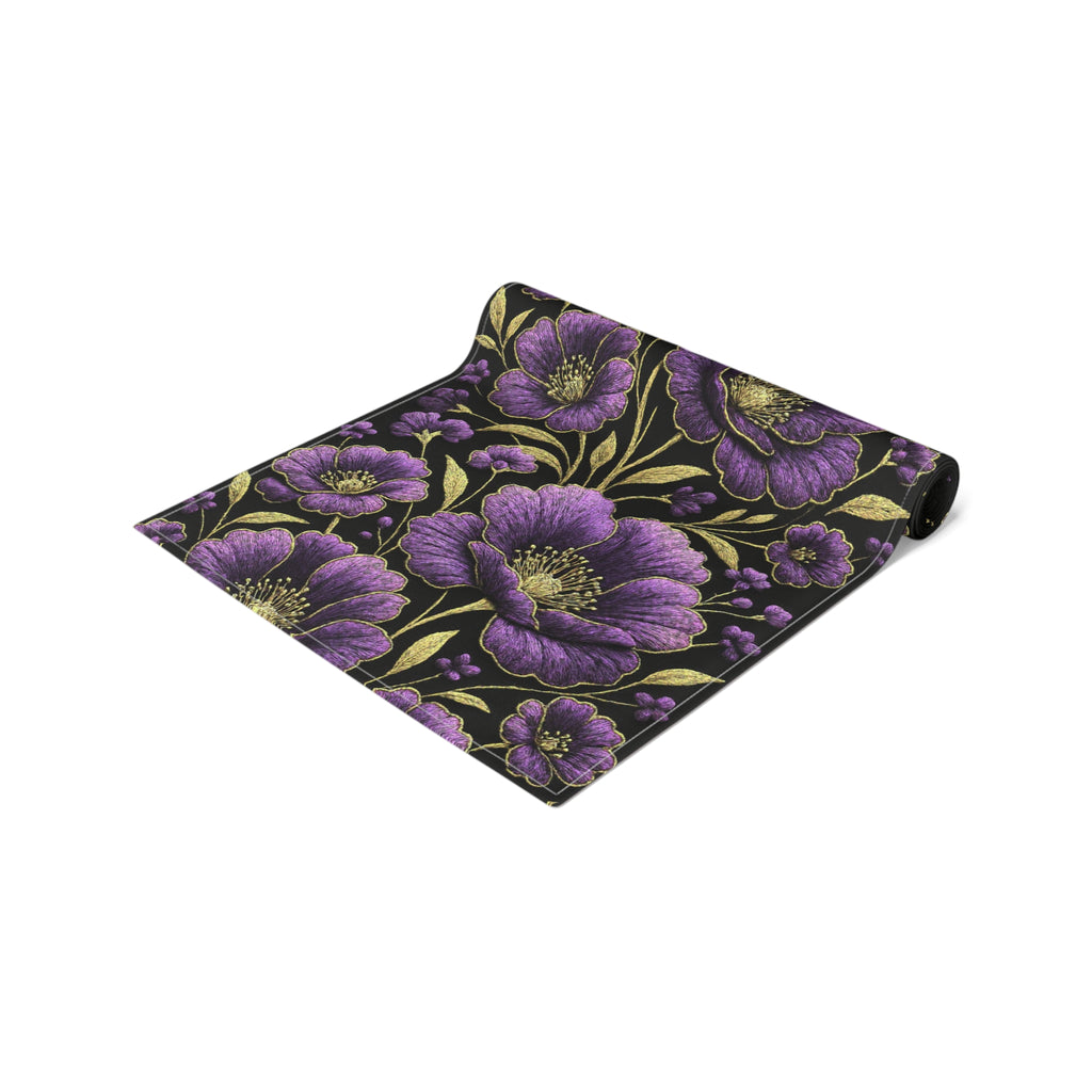 Petrykivka Bloom Table Runner | Purple Poppy Floral Table Runner | Moody Gold Embroidered Look Table Decor