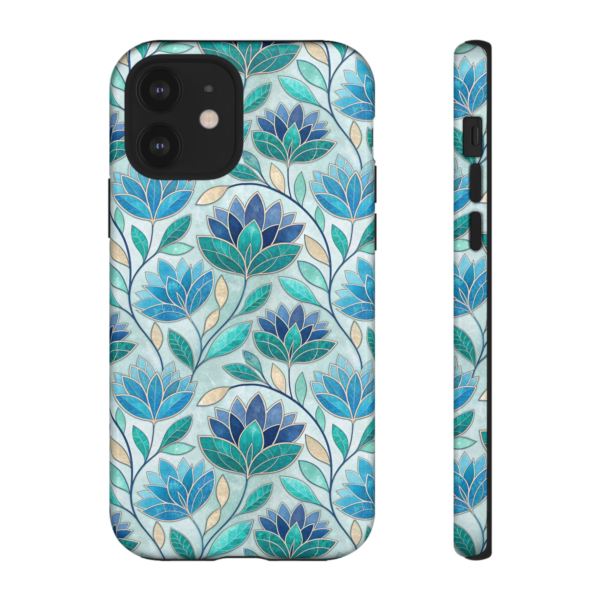 Mosaic iPhone Case, Stained Glass Floral Phone Cover, Teal Blue Protective Case, Matte Glossy Options, Artistic Mosaic Pattern