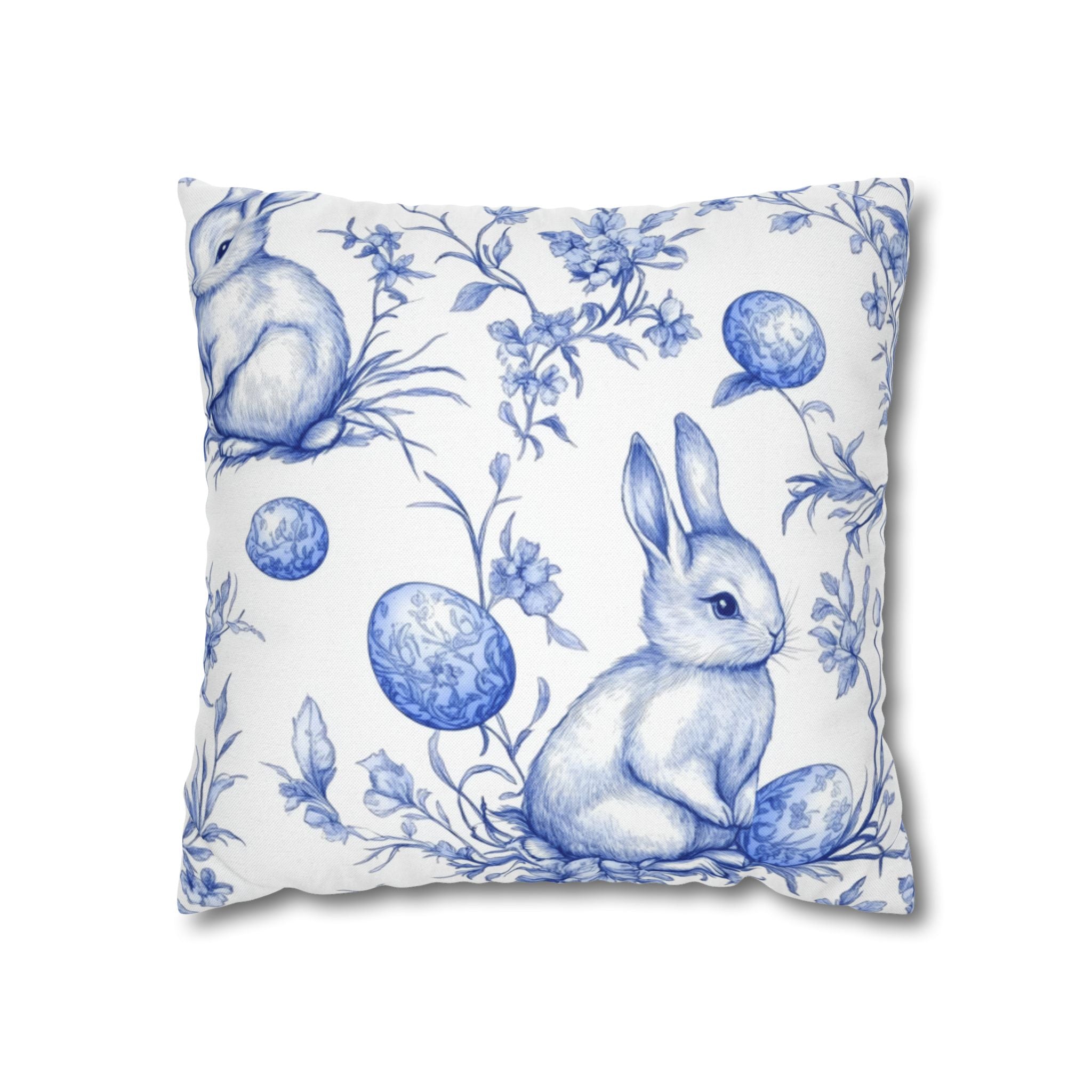 Bunny Bouquet Pillowcase, Square Pillowcase,Floral Rabbits on Blue, Patrick's day, Living Room,Home Decor,bedroom, housewarming,cottage core