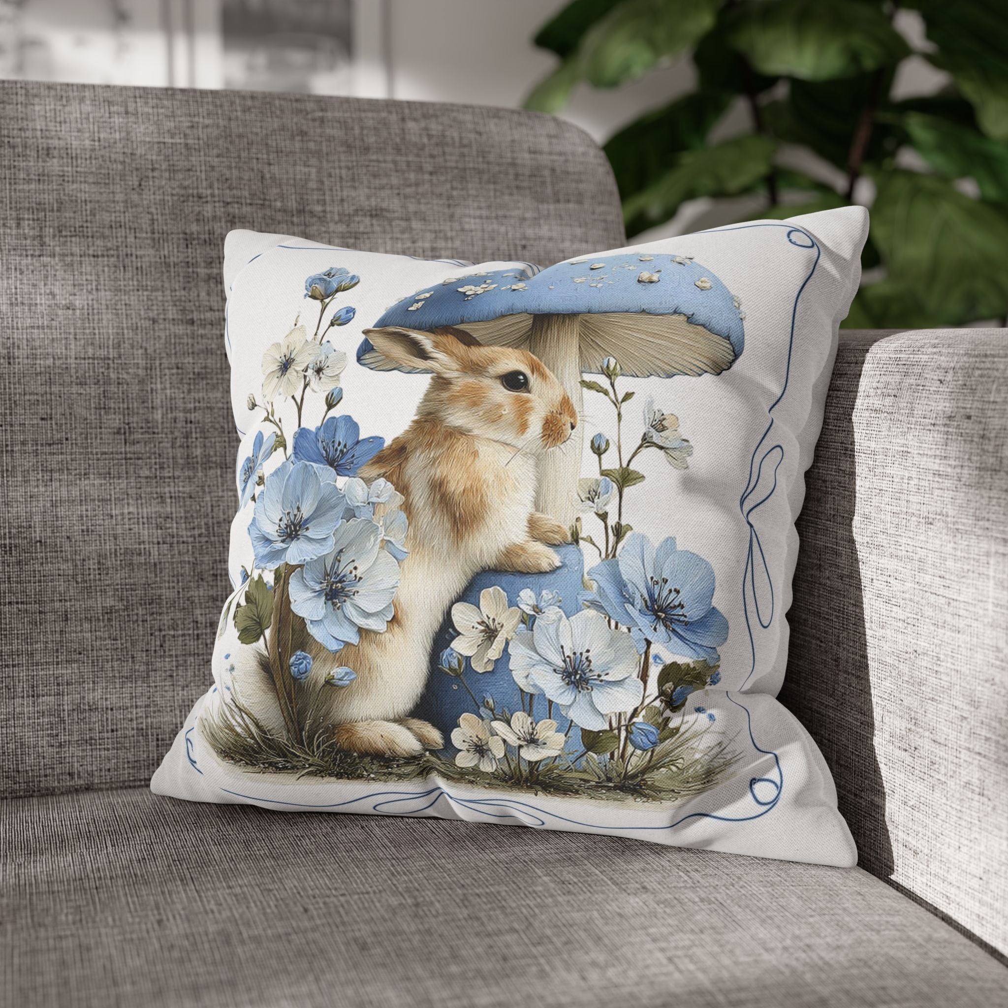 Blue Floral Bunny Collage Pillowcase | Square Decorative Pillowcase