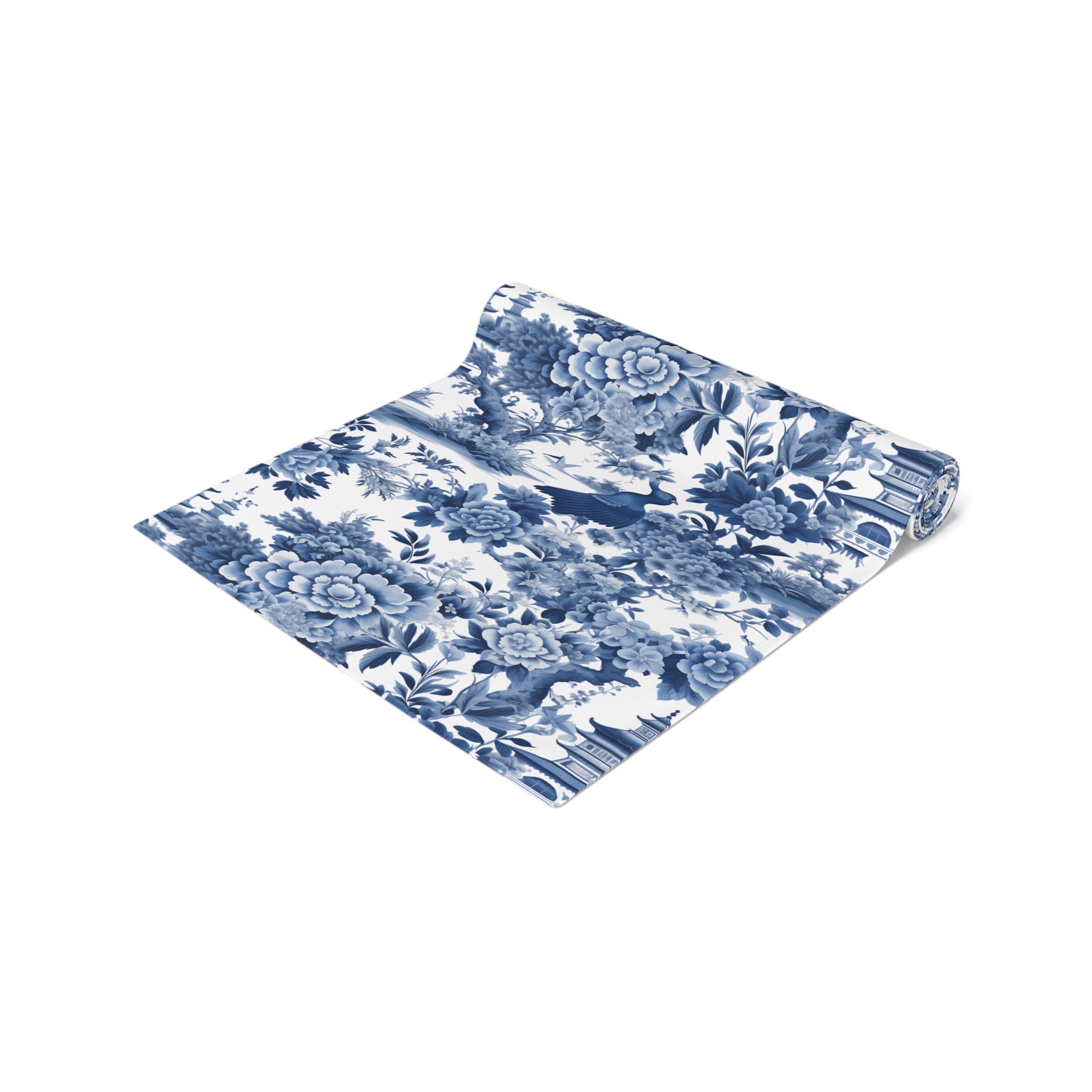 Blue Chinoiserie Toile Table Runner | Vintage Floral Dining Decor | Cotton Twill & Polyester