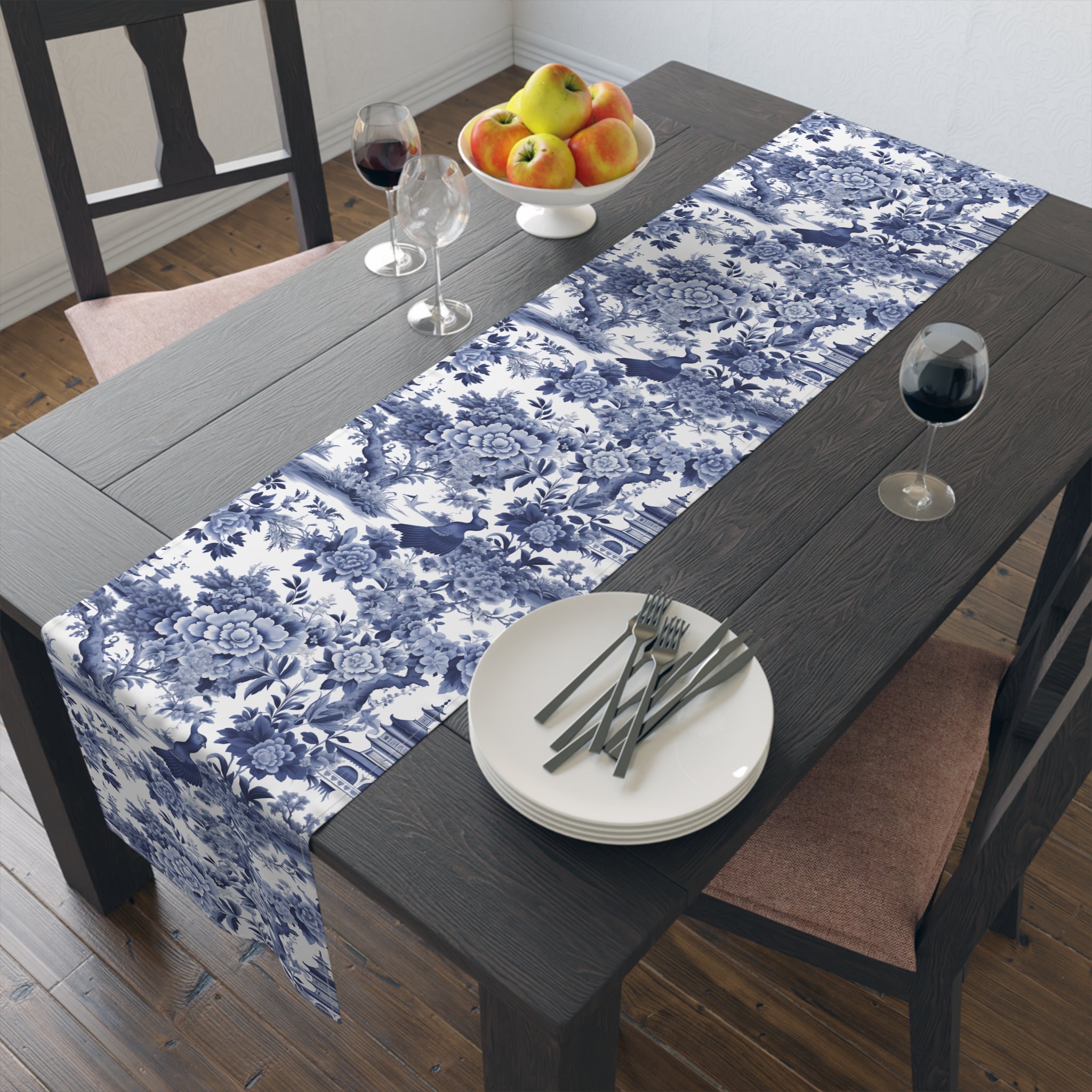Blue Chinoiserie Toile Table Runner | Vintage Floral Dining Decor | Cotton Twill & Polyester