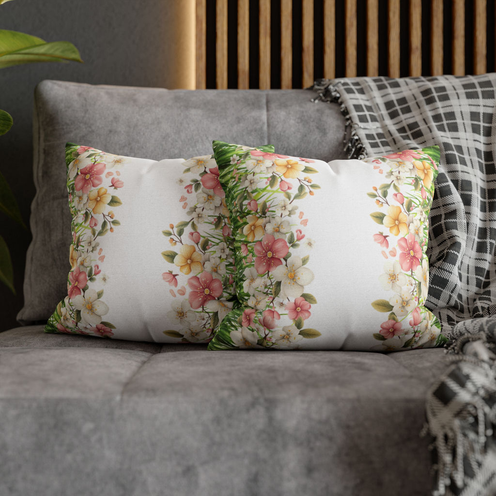 Spring Floral Pillowcase 1piece, Polyester Cushion Cover, Green Grass Border with Pink  White Flowers, Spring Home Decor