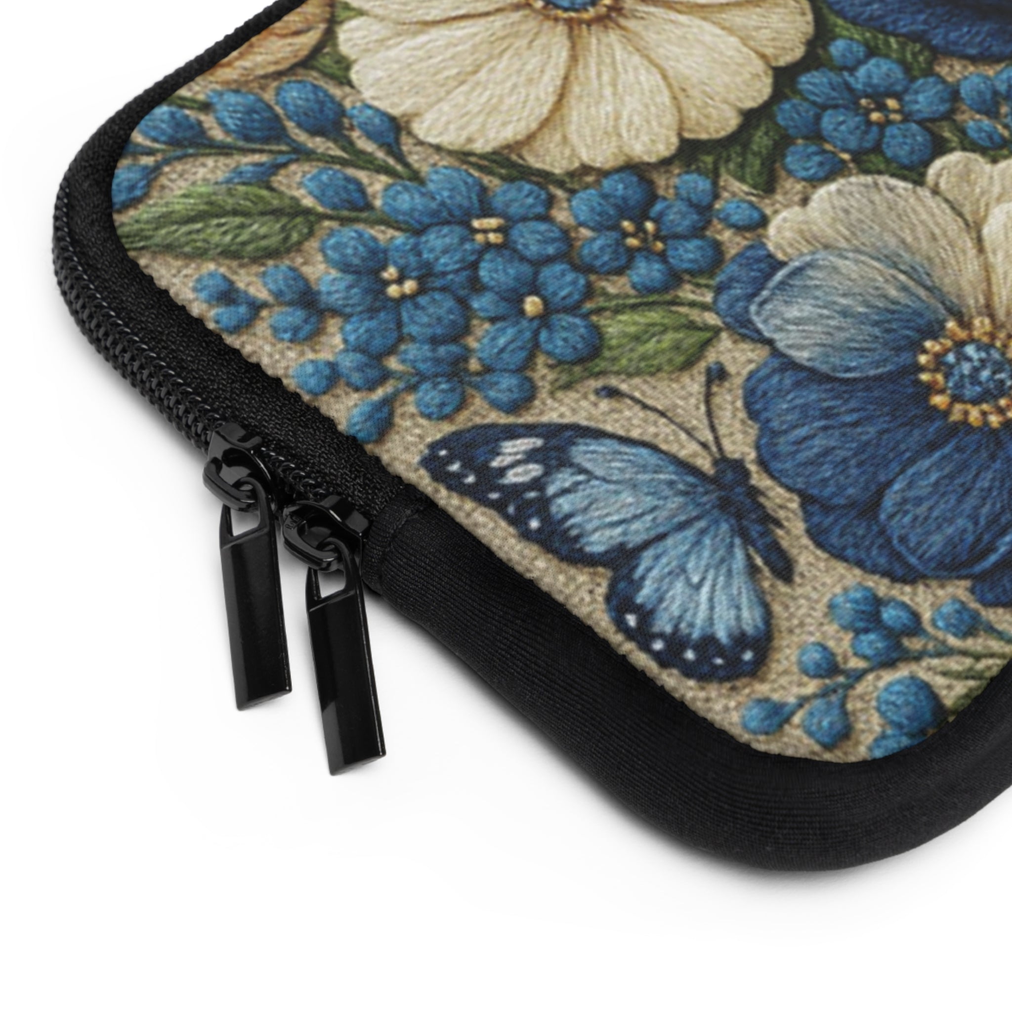 Wild Beauty Floral Laptop Sleeve | Blue Cream Botanical Neoprene Case with Zipper | Cottagecore Tech Bag