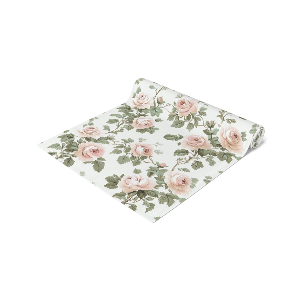 BLUESKYDEZIGN Vintage Pink Rose Vine Table Runner - Floral Toile de Jouy Decor