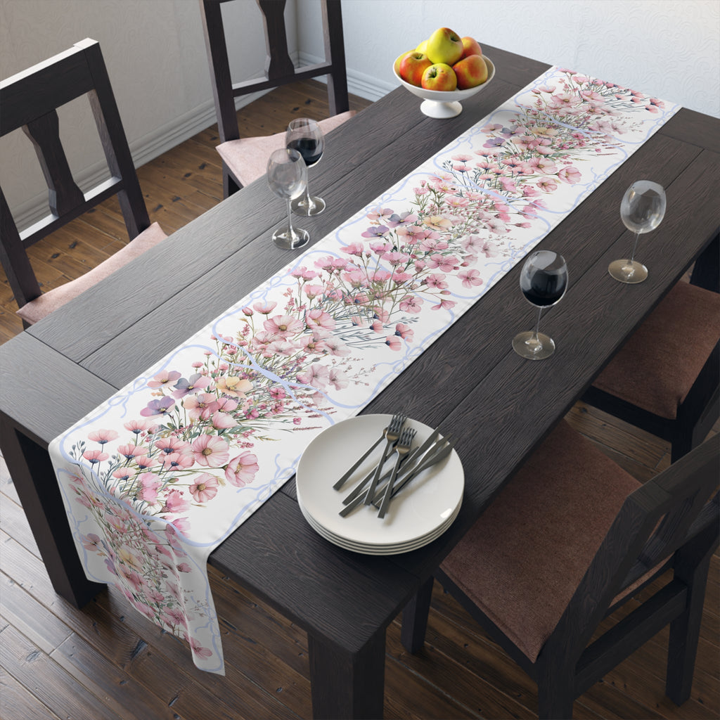 BLUESKYDEZIGN Spring Pink Purple Floral Table Runner - Botanical Wedding Decor