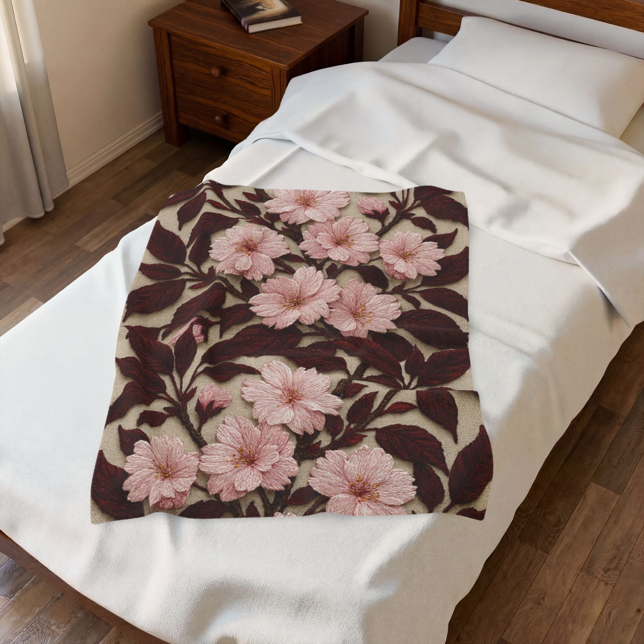 Sakura Noir Plush Blanket — Vintage Pink Floral Velveteen Throw | Botanical Bedding