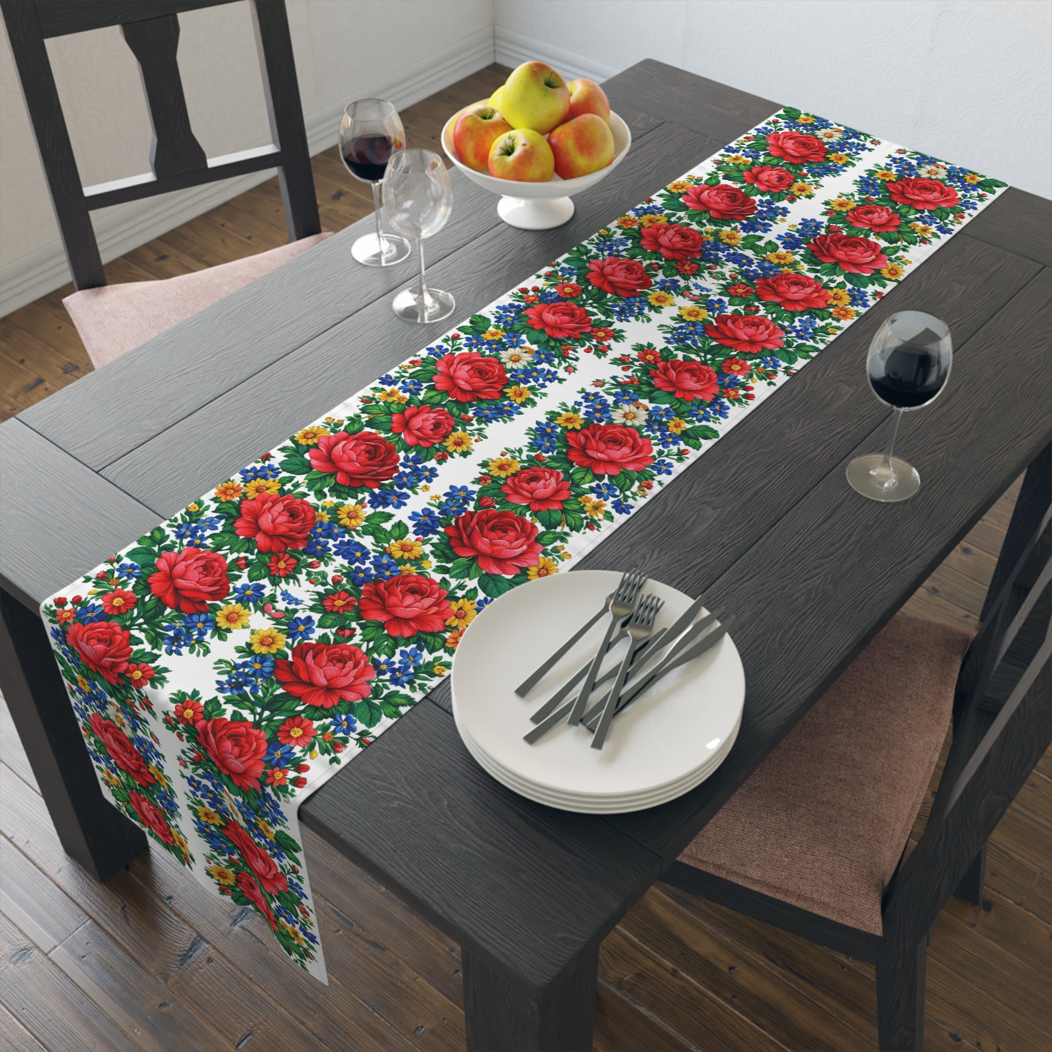 Red Rose Floral Table Runner | Cottagecore Wildflower White Decor | BLUESKYDEZIGN