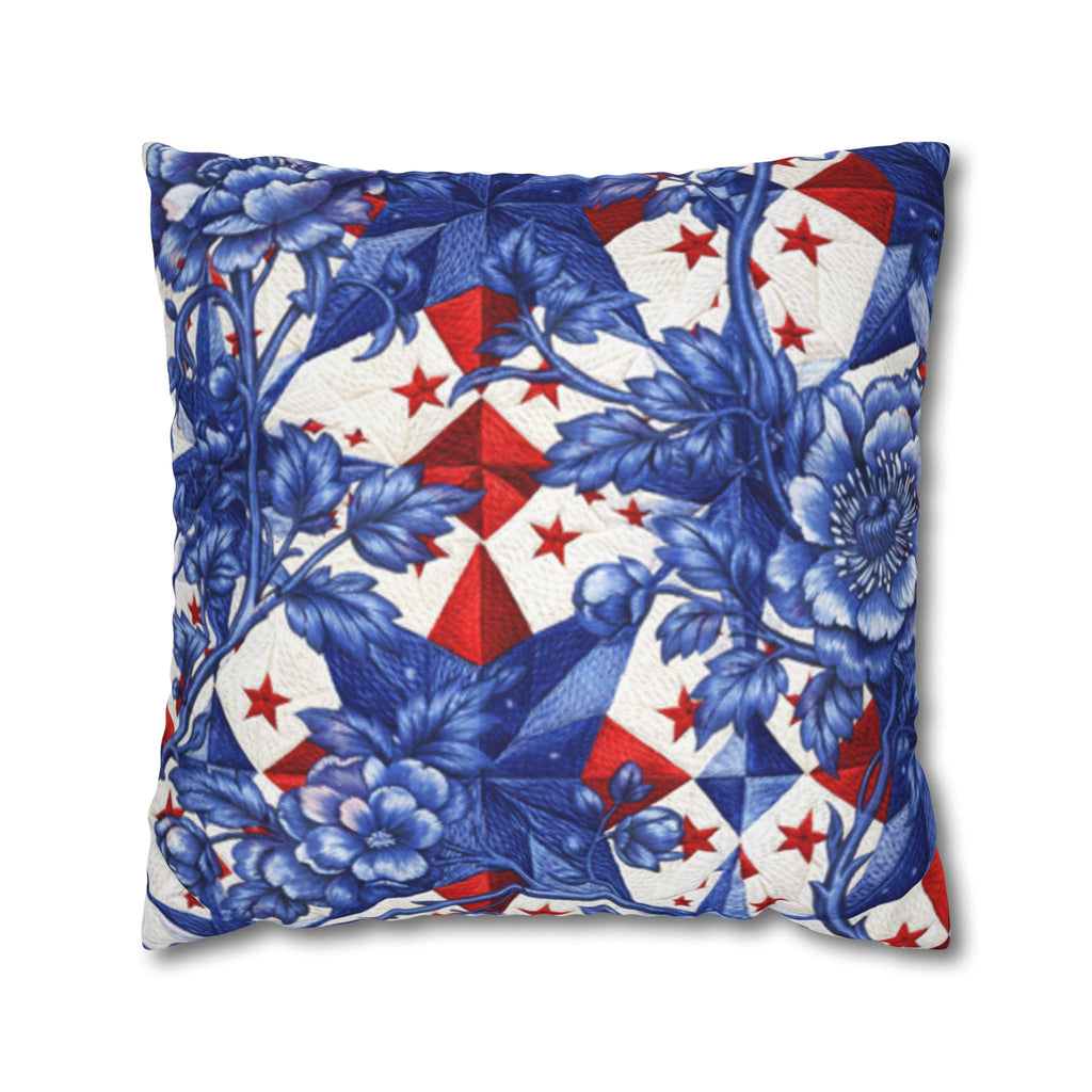 America 250th Anniversary Pillowcase - Patriotic Blue & Red Kaleidoscope Toile Floral Throw Pillow Cover