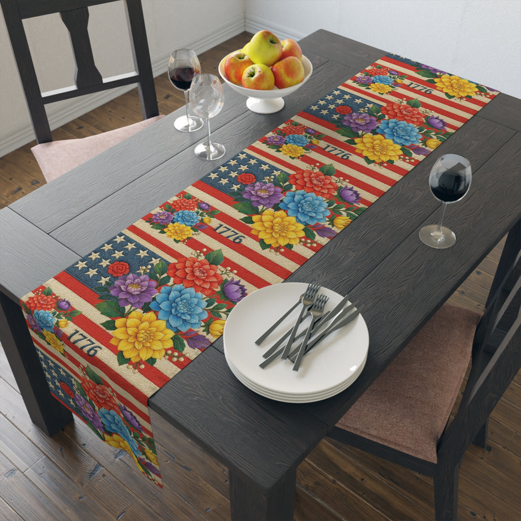 BLUESKYDEZIGN | 1776 Patriotic Floral Table Runner | American Flag Stars & Flowers | 4th of July Dining Decor
