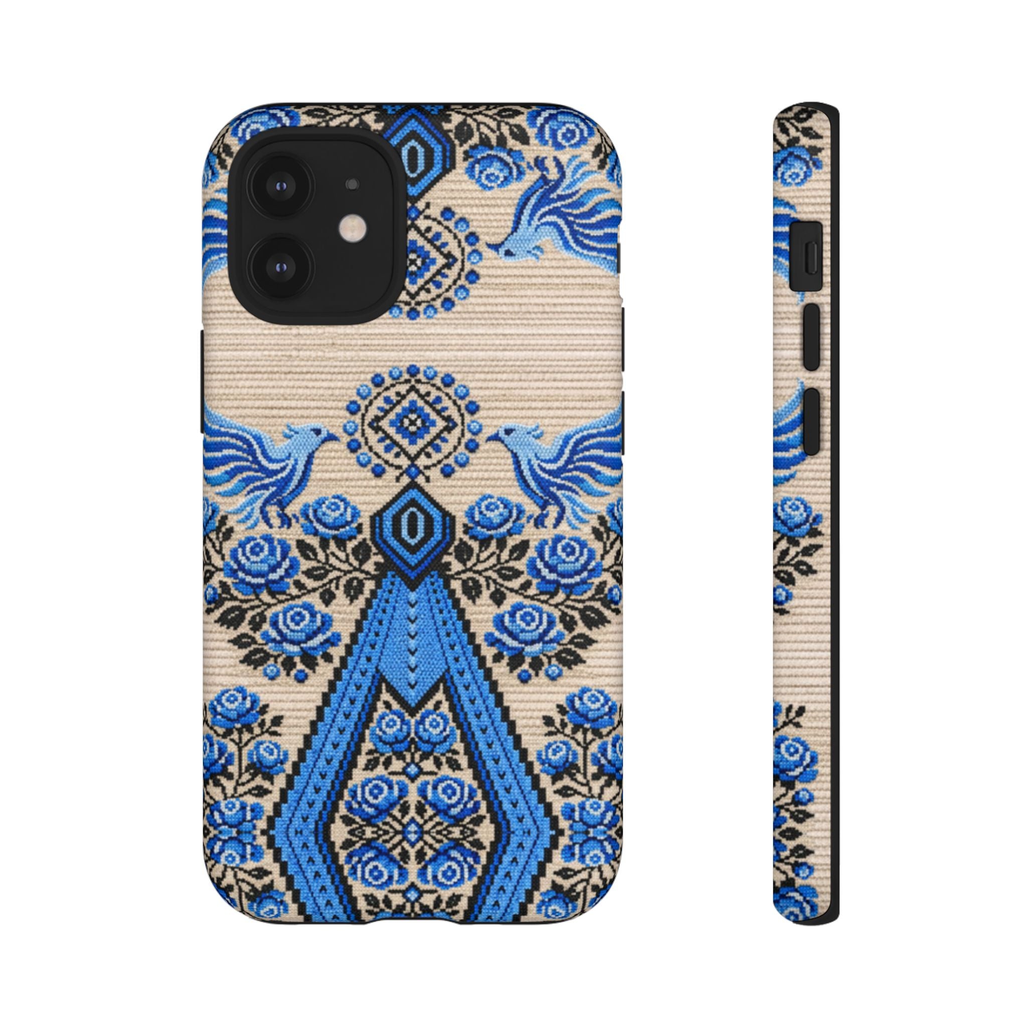 Ukrainian Phone Case  Blue Black Berehynia Design, Falcons & Roses Folk Art, Slavic Embroidery Style Protective Cover
