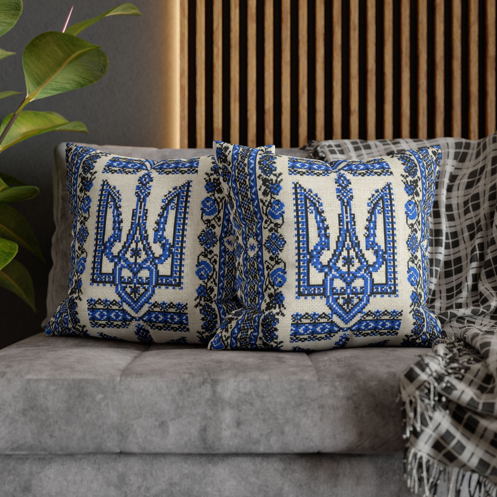 Ukrainian Trident Blue Pillow Cover | Tryzub Folk Decor | Artist-Designed