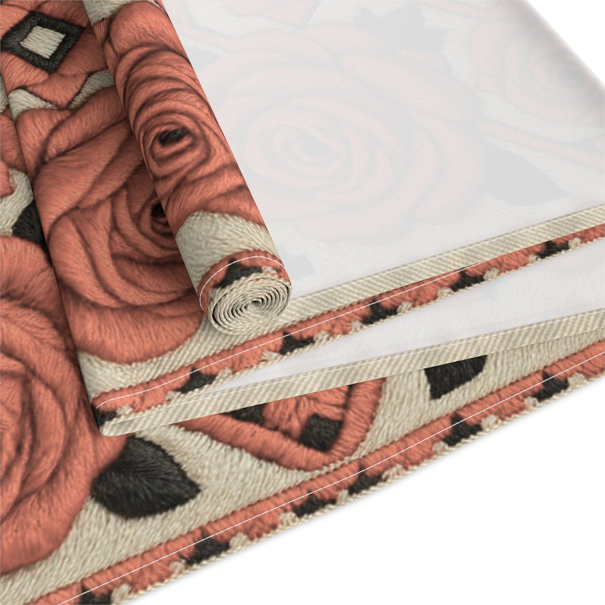 Red Roses Table Runner | Vintage Geometric Floral Dining Decor | Cotton Twill & Polyester