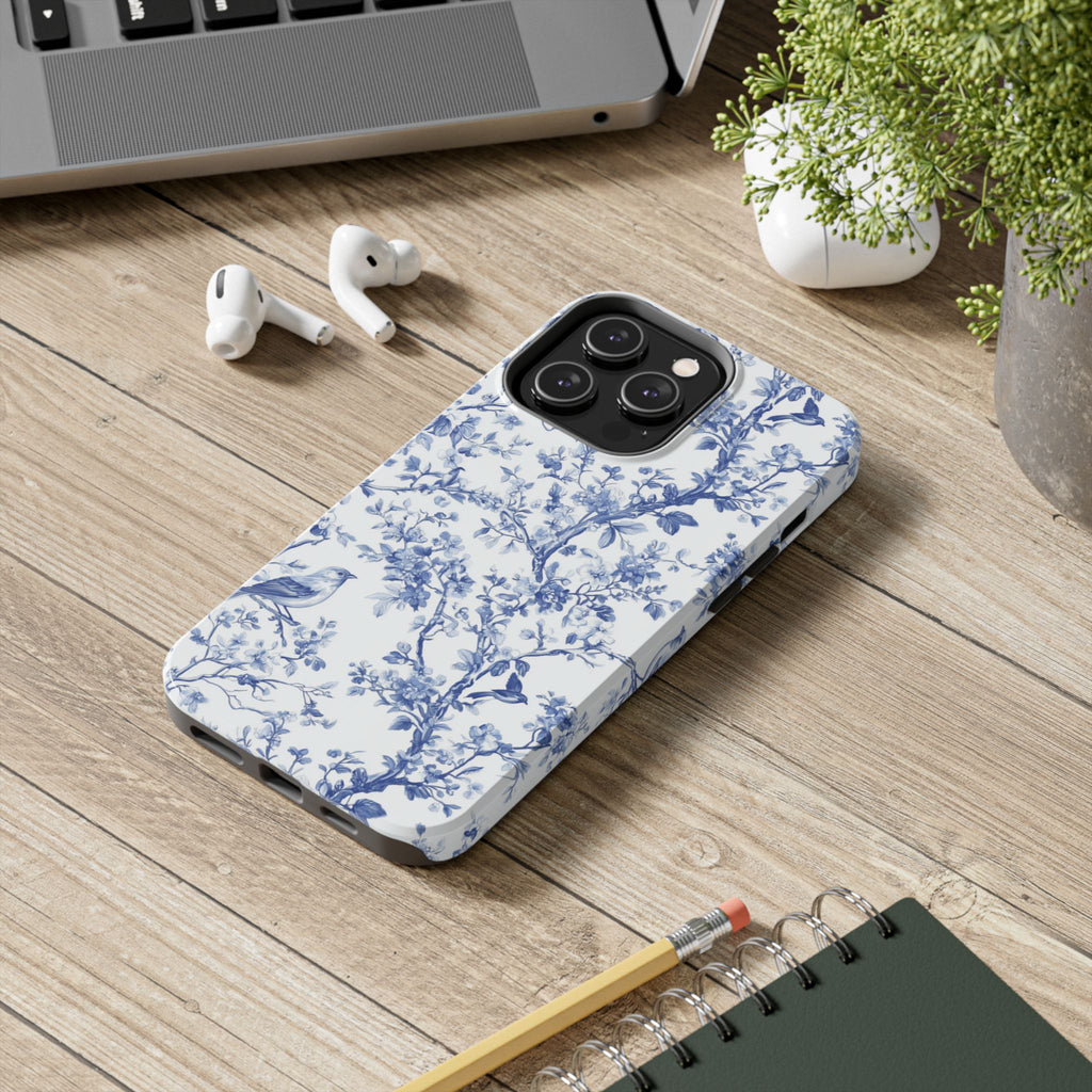 BLUESKYDEZIGN | Blue Floral Toile Phone Case | Vintage Porcelain Birds & Branches iPhone Cover | Elegant Gift for Her