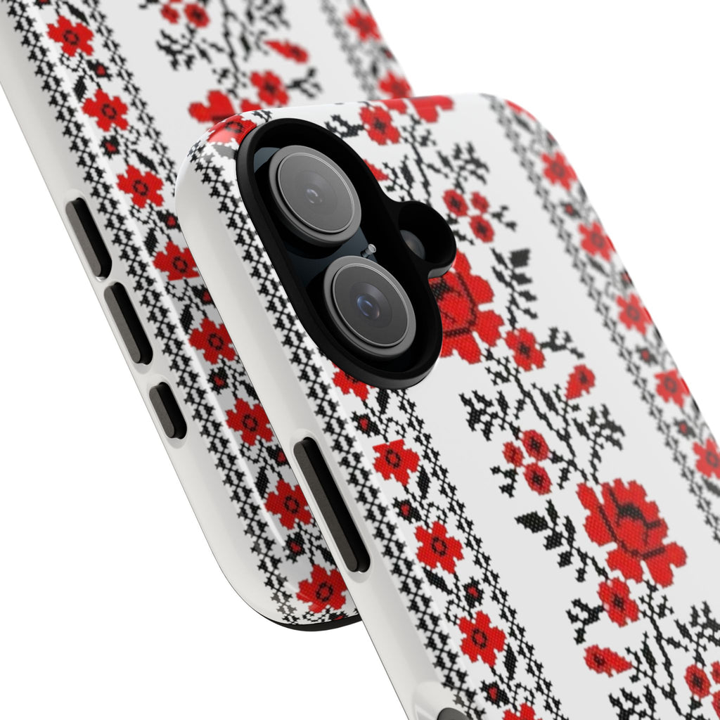 BLUESKYDEZIGN | Ukrainian Embroidery iPhone Case – Red & Black Folk Pattern Protective Tough Cover