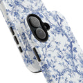 Blue floral toile phone case with vintage porcelain-style delicate birds and branches pattern — classic blue and white botanical design, dual-layer shockproof iPhone cover with glossy finish

