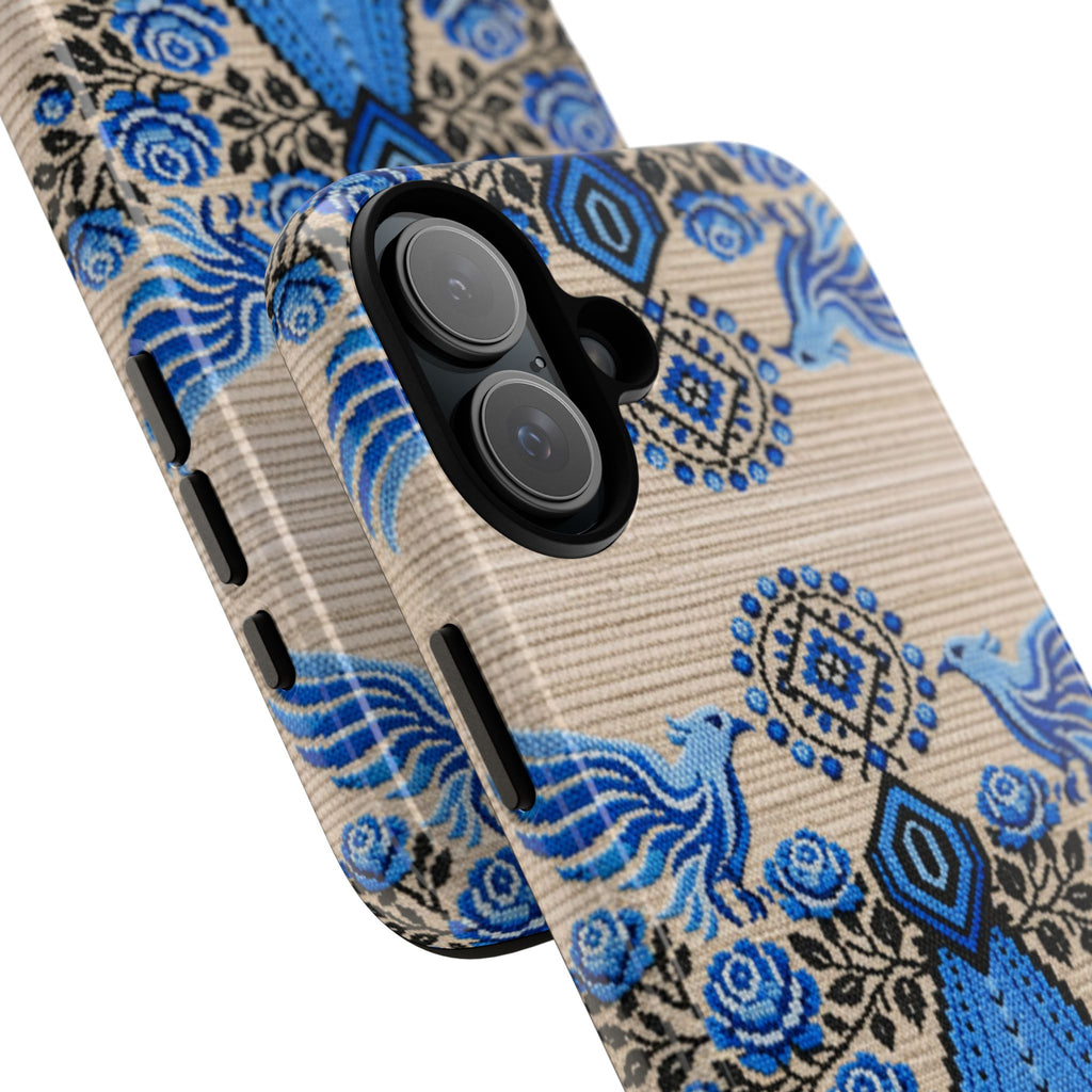 Ukrainian Phone Case  Blue Black Berehynia Design, Falcons & Roses Folk Art, Slavic Embroidery Style Protective Cover