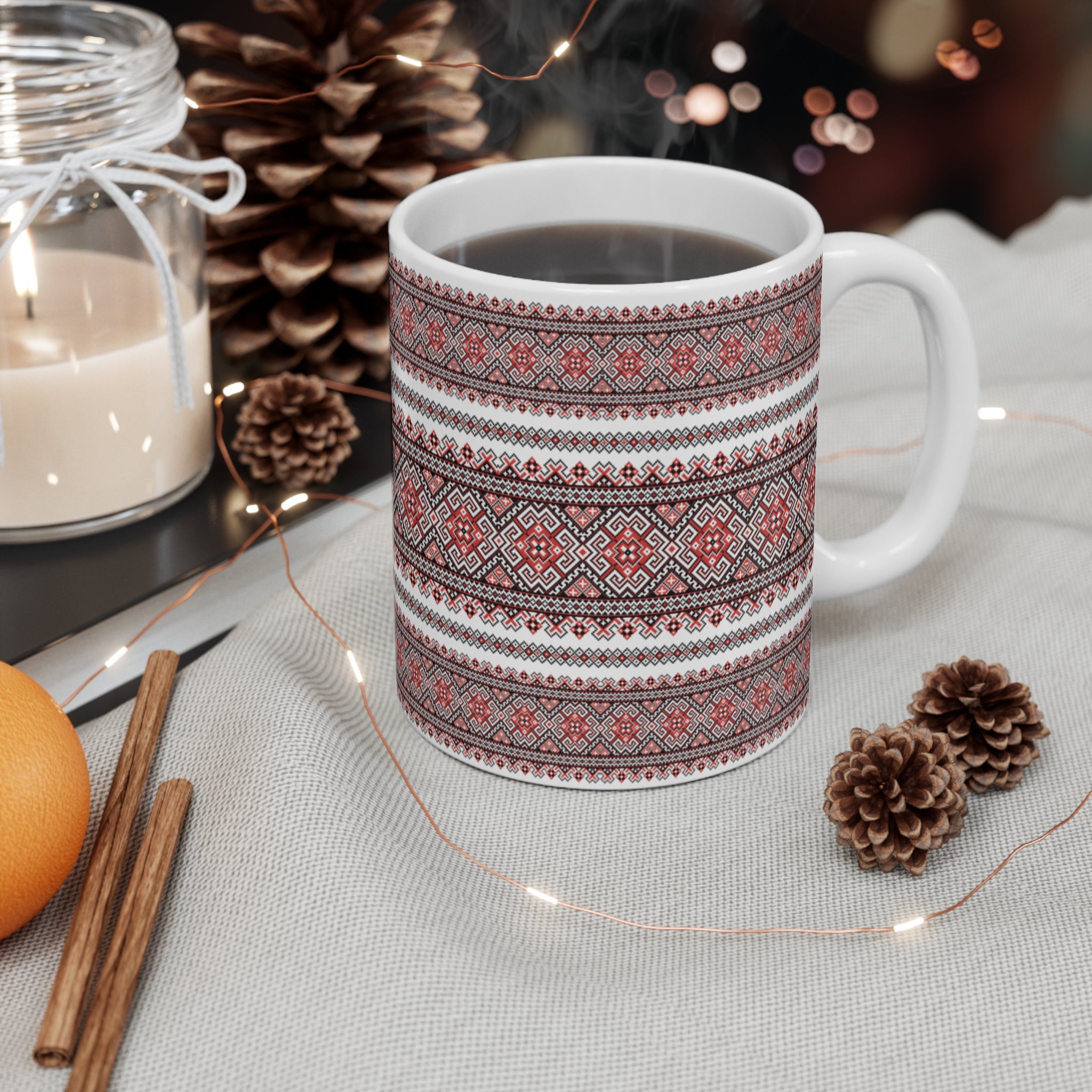 Pattern Red Ukrainian Pattern Mug 11 oz,  Folk Design Coffee Cup, Slavic Geometric Print Ceramic Mug