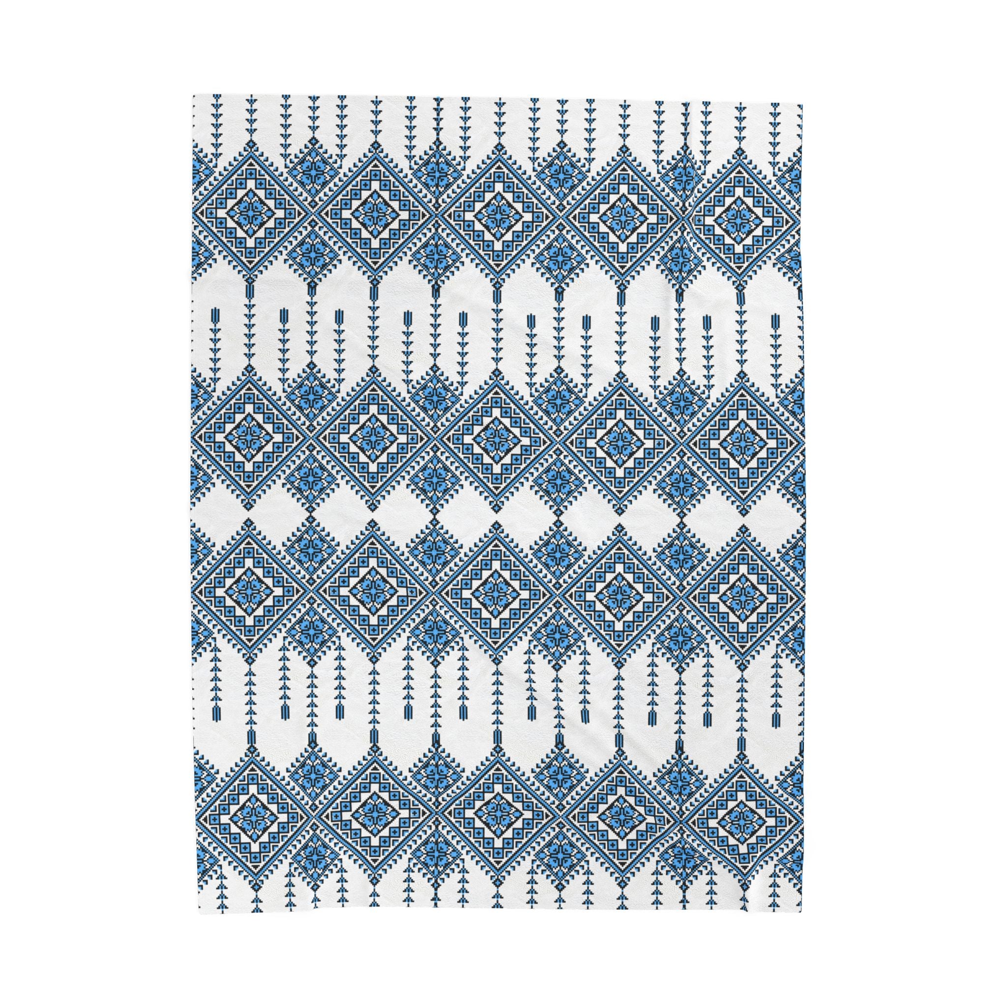 Velvet Plush Blanket with Traditional Ukrainian Pattern, Soft Cozy Throw in 3 Sizes, Blue Black Ethnic Design Home Decor
