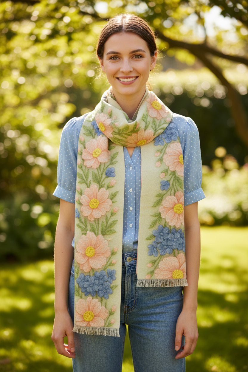Floral Pastel Scarf – Wooly Garden | Lightweight Boho Wrap for Women