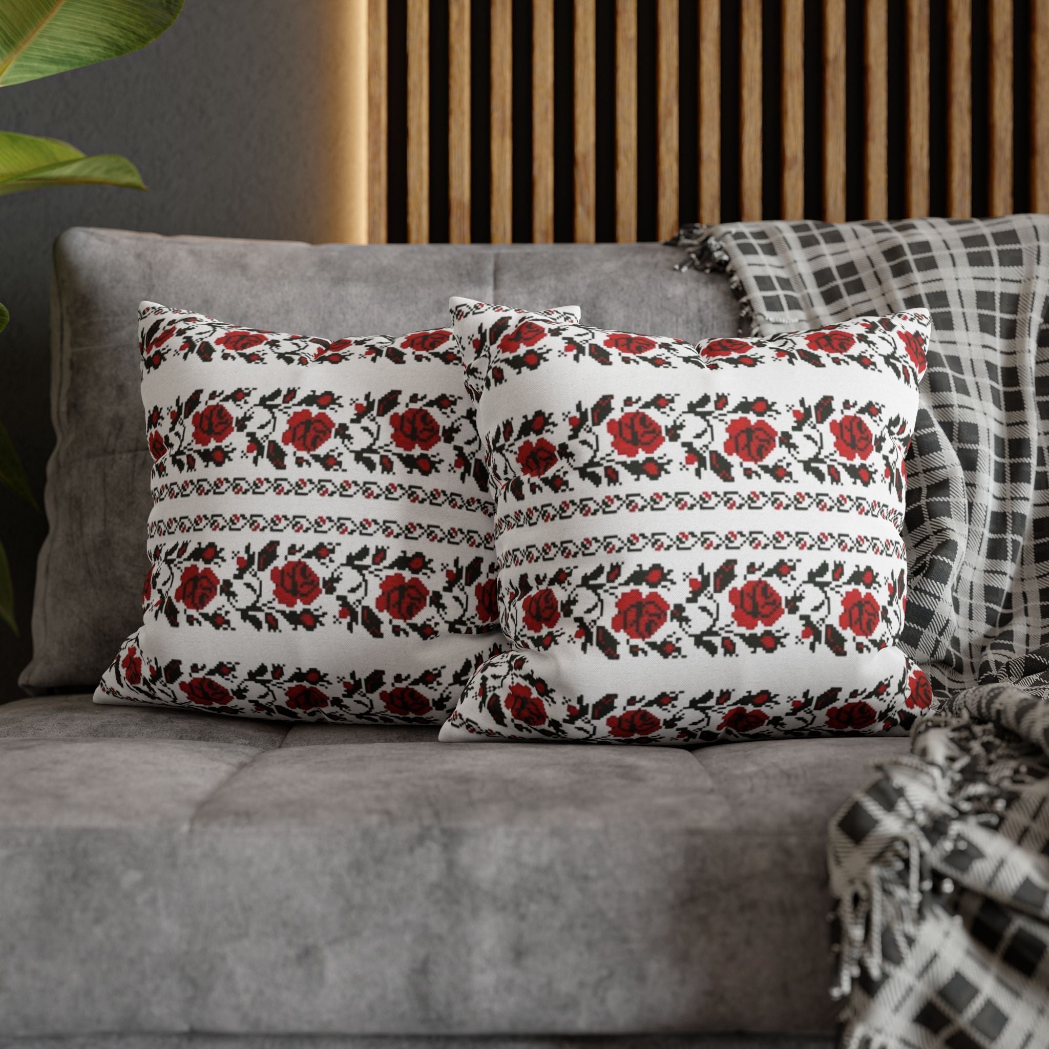 Ukrainian Red-Black Folk Pattern Pillowcase. Set 2-Pack Decorative Cushion Covers. Traditional Slavic Ornament. Boho Ethnic Home Decor Gift