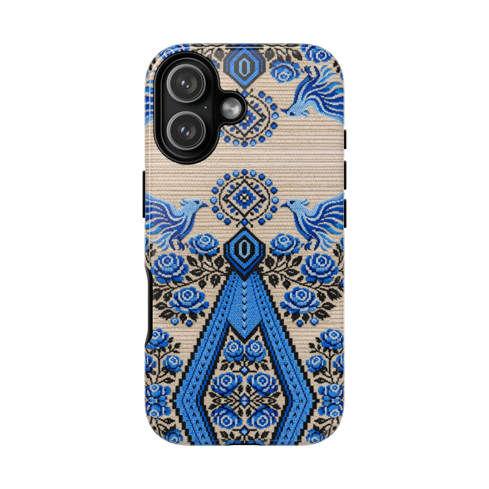 Ukrainian Phone Case  Blue Black Berehynia Design, Falcons & Roses Folk Art, Slavic Embroidery Style Protective Cover