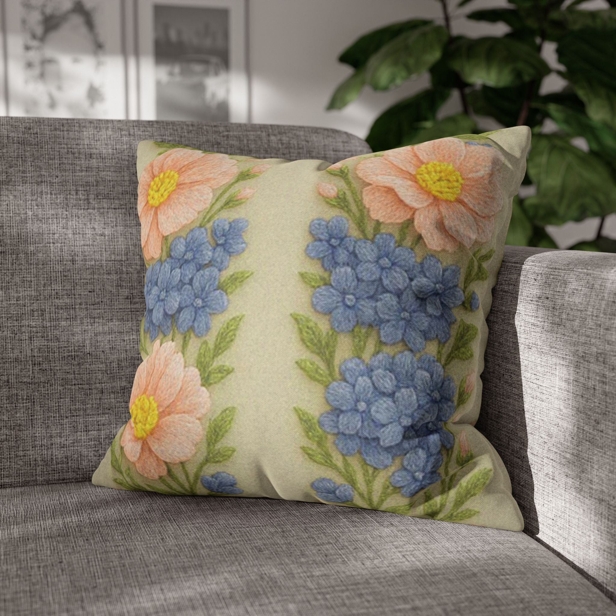 Square vintage pillowcase from the Wooly Garden collection with pink daisies and blue hydrangeas on a cream background, featuring a realistic wool embroidery effect.
