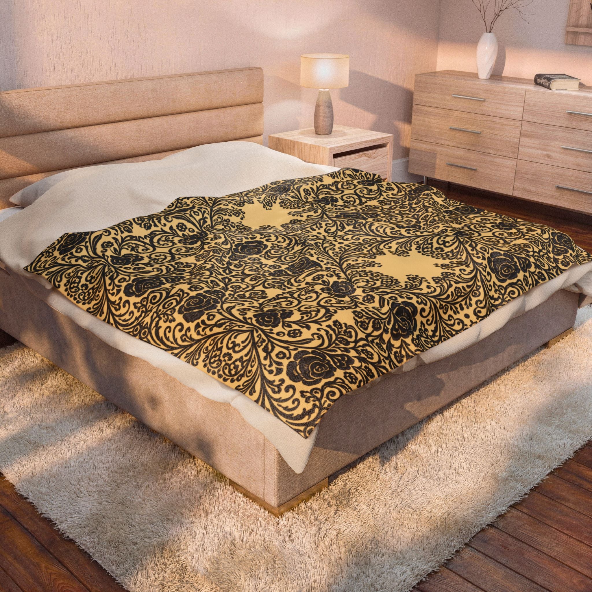 Velveteen Plush Blanket | Vintage Baroque Damask Gold Throw | BLUESKYDEZIGN