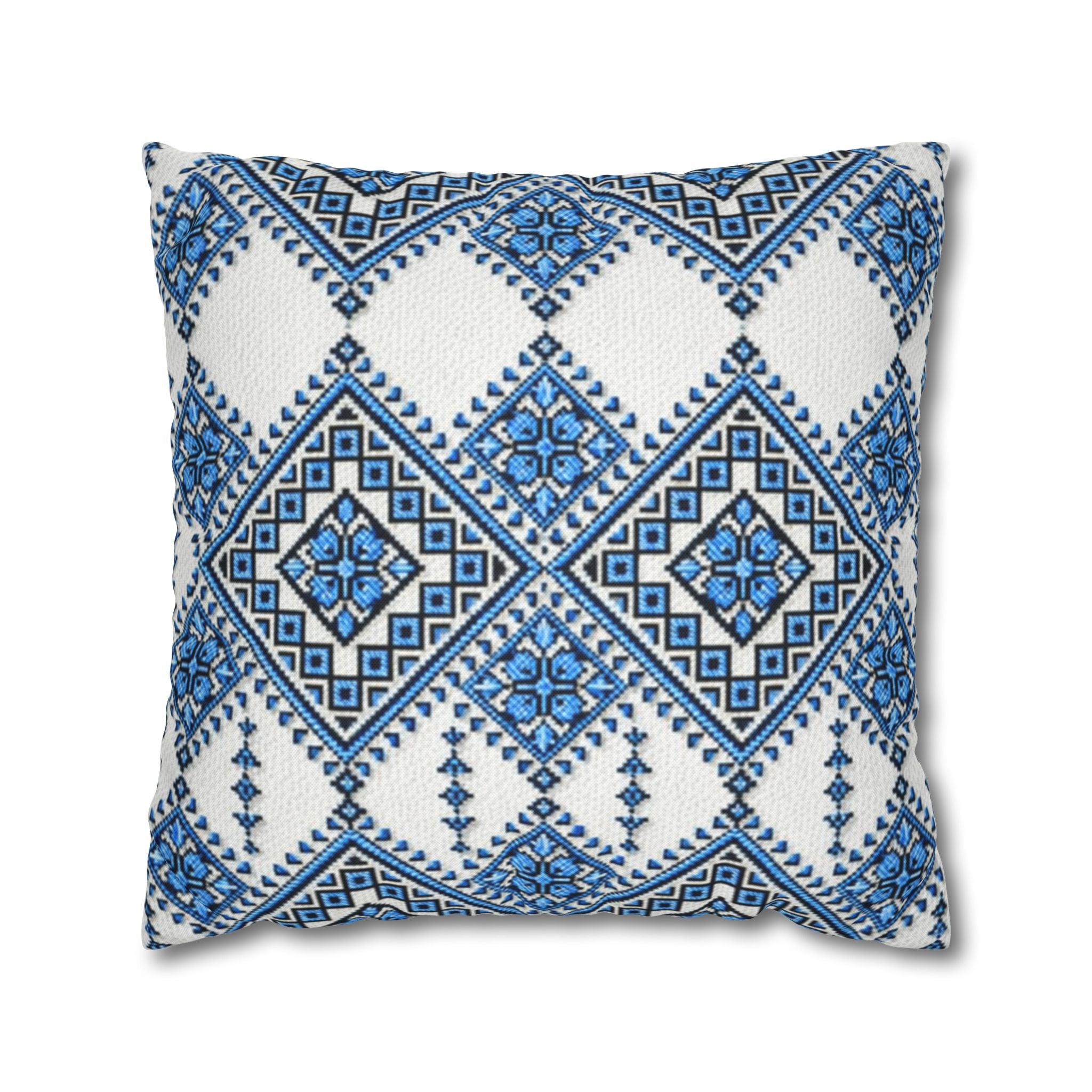 Blue Sky Folk Art Tile Pillow Cover | Ukrainian Heritage Floral Cushion