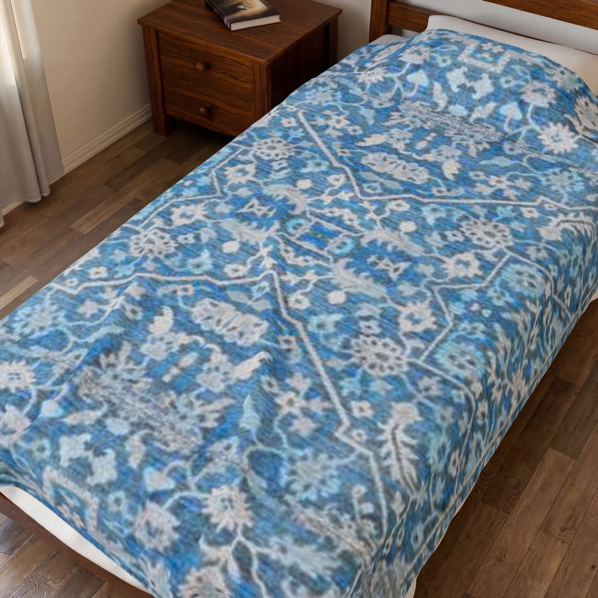 BLUESKYDEZIGN Grandmother's Heritage Velveteen Blanket - Blue Vintage Floral Boho Throw, Modern Rustic