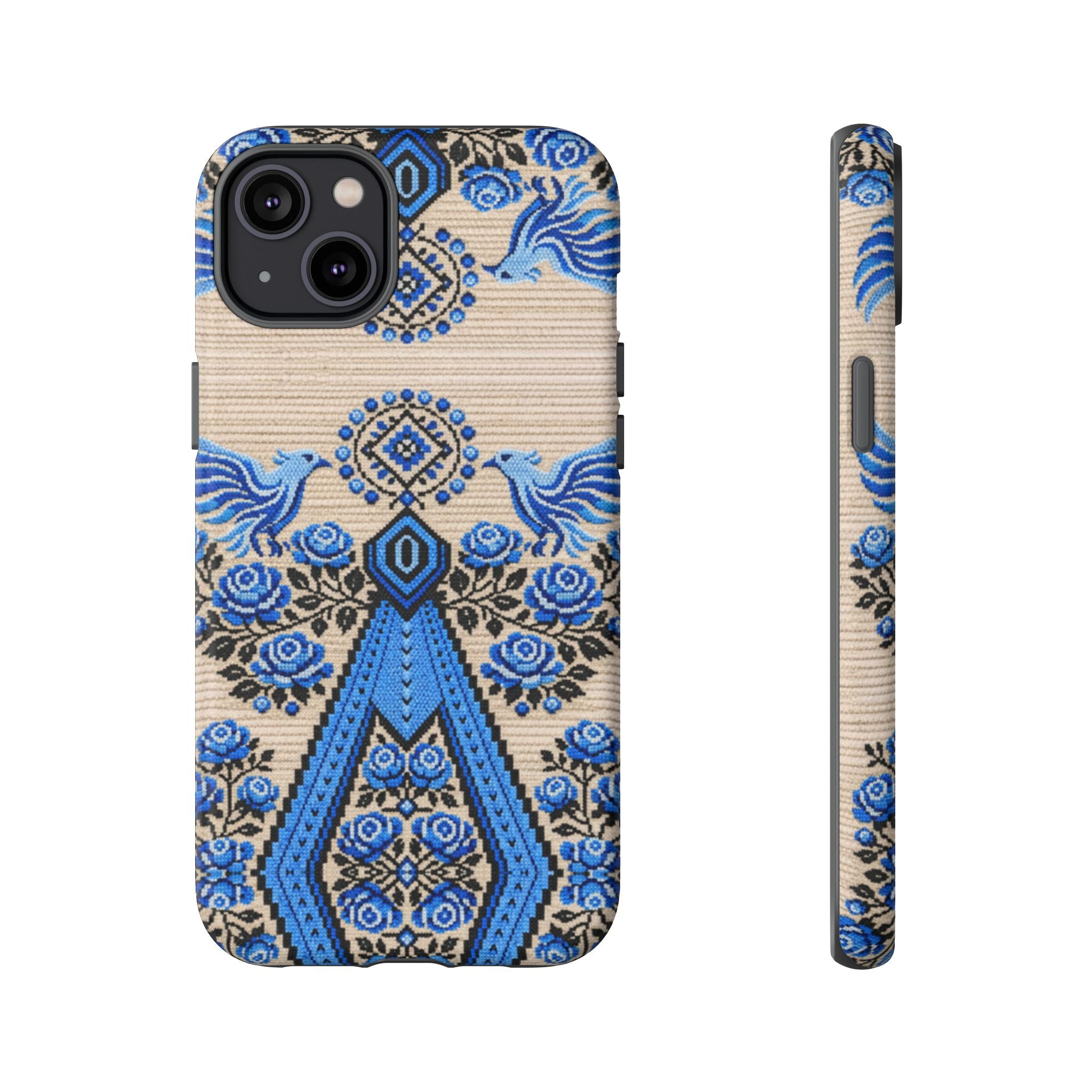 Ukrainian Phone Case  Blue Black Berehynia Design, Falcons & Roses Folk Art, Slavic Embroidery Style Protective Cover
