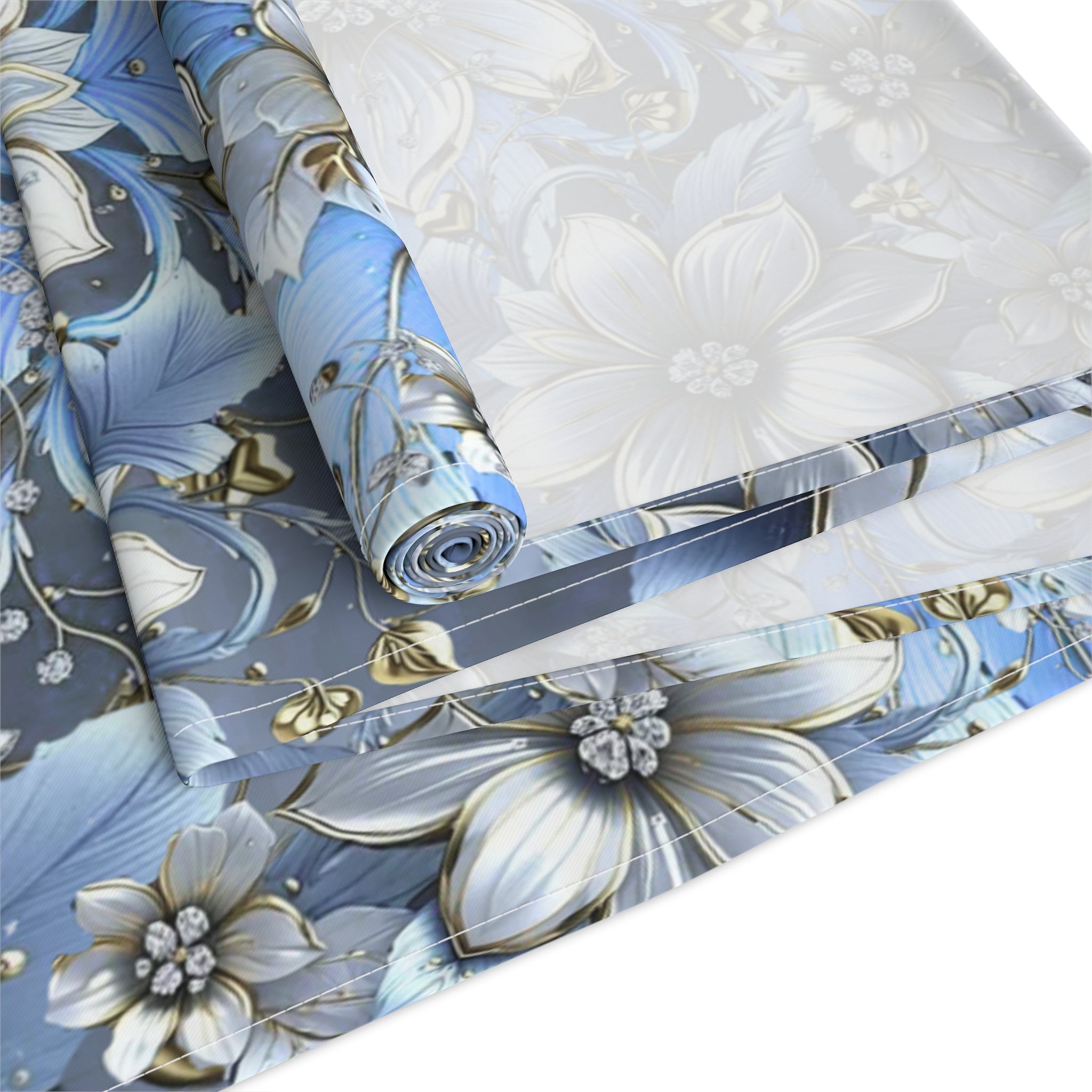 Blue Floral Table Runner – Vintage Botanical Farmhouse Decor, Cotton Twill or Polyester, 72" & 90"