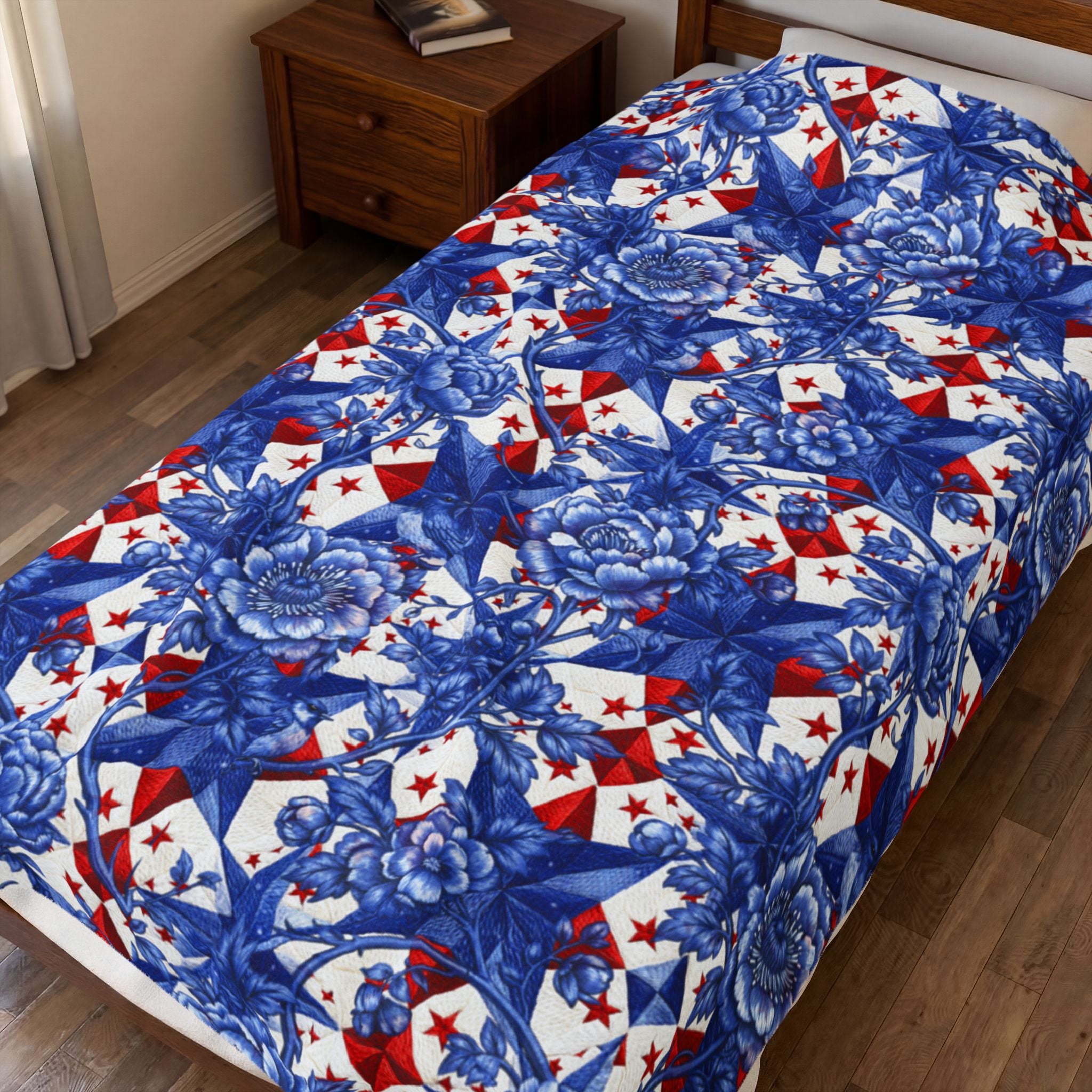 America 250th Anniversary Plush Blanket - Patriotic Blue Toile Floral & Red Star Velveteen Throw