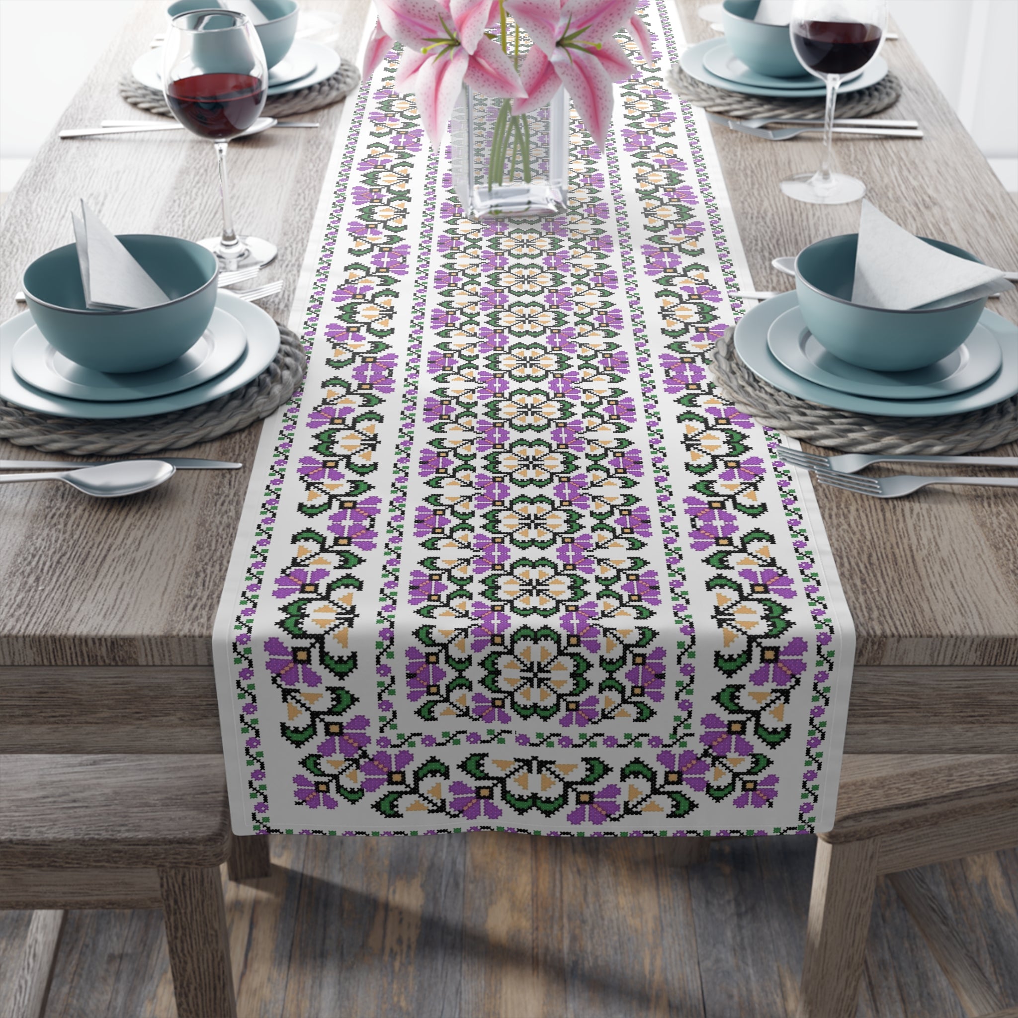 BLUESKYDEZIGN Ukrainian Purple Floral Table Runner