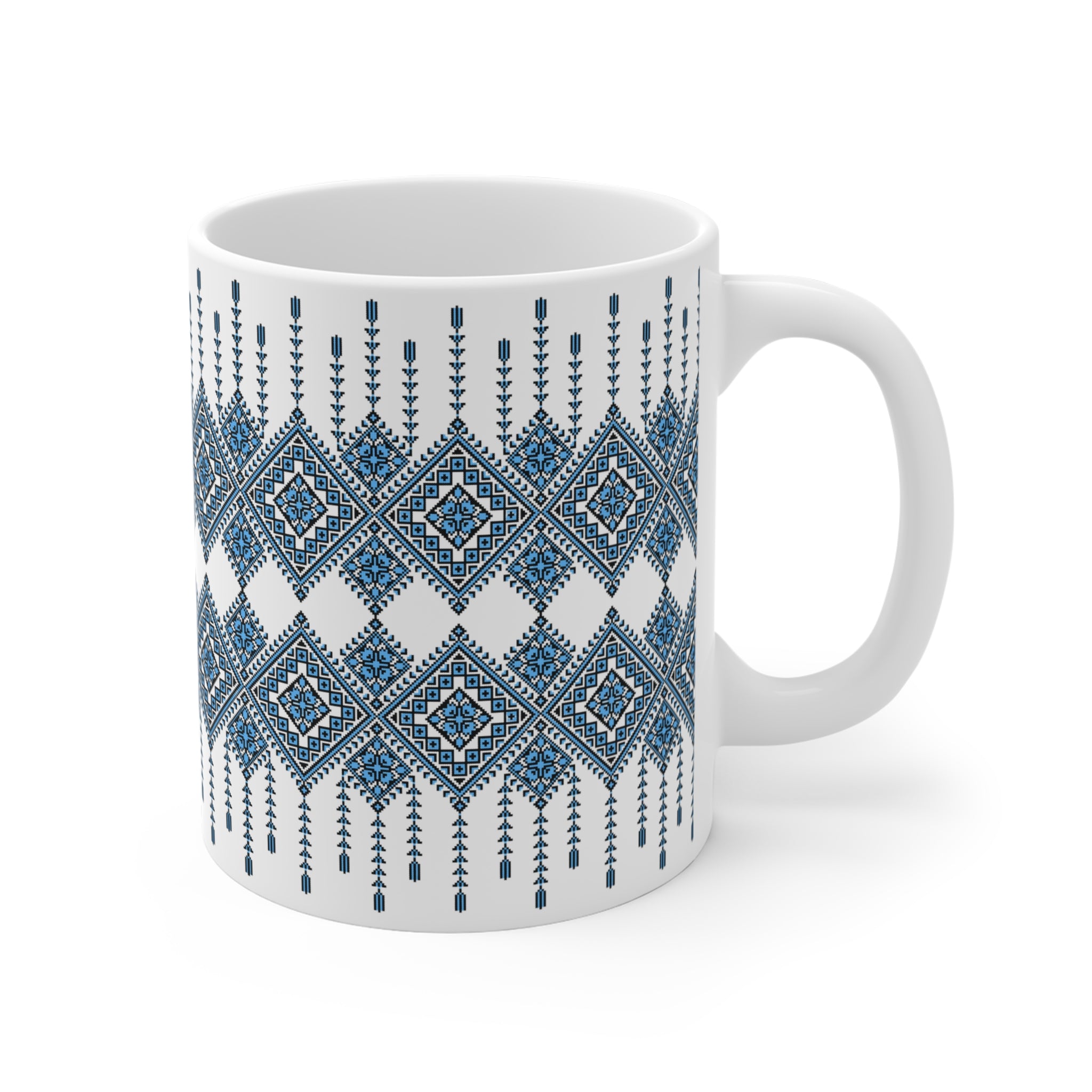 Ukrainian Pattern Mug 11 oz, Blue Folk Design Coffee Cup, Slavic Geometric Print Ceramic Mug