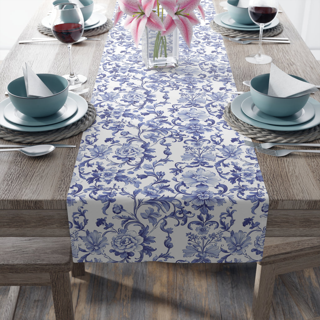 BLUESKYDEZIGN Blue Floral Tile Table Runner - Delft Porcelain Inspired Decor