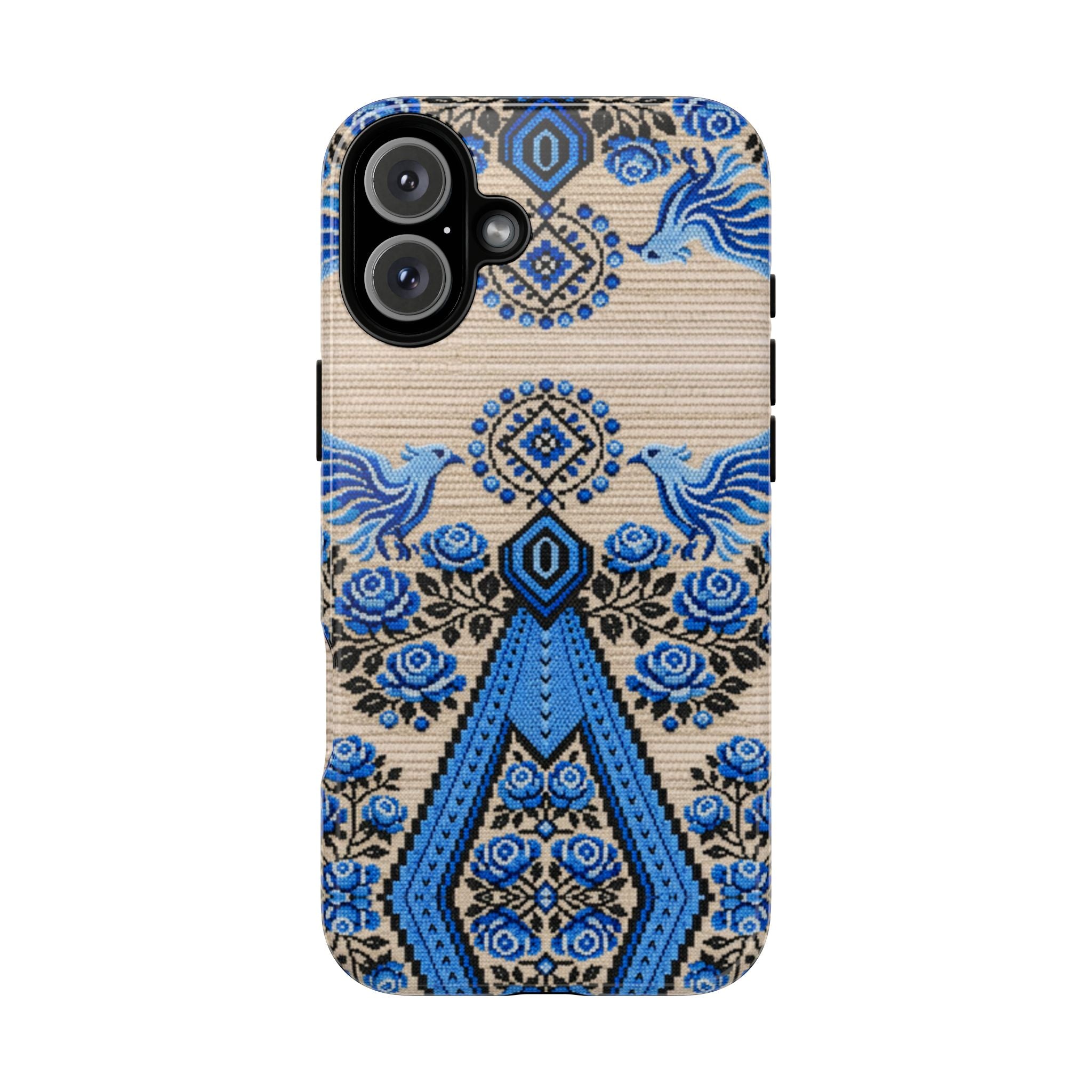 Ukrainian Phone Case  Blue Black Berehynia Design, Falcons & Roses Folk Art, Slavic Embroidery Style Protective Cover