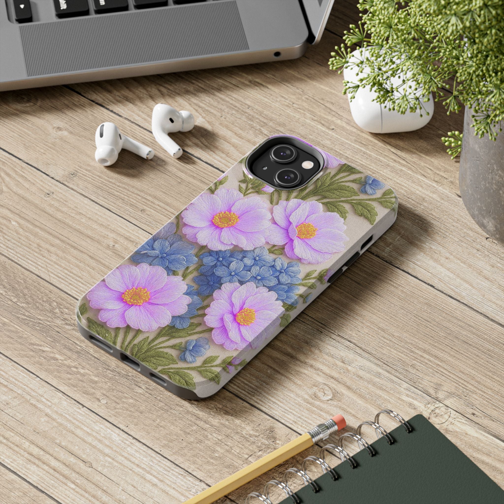 Pink Cosmos and Blue Hydrangea Phone Case, Alexandra Bloom Collection, Tough Floral iPhone and Samsung Cover, Vintage Protective Case