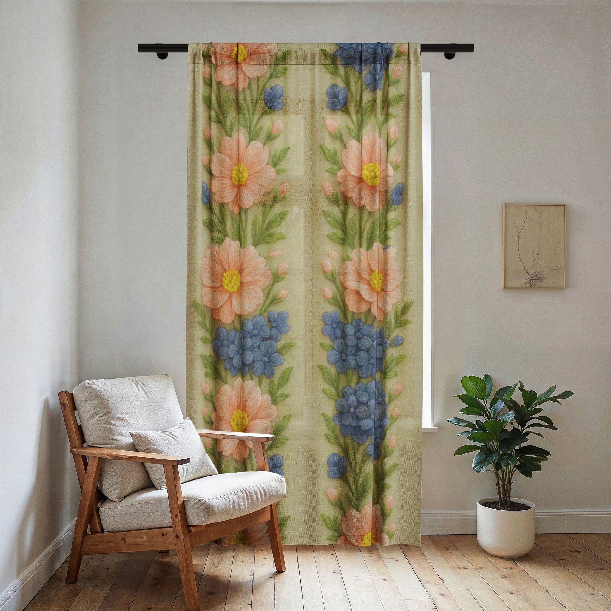 Floral Sheer Curtain – Cottagecore Daisy & Hyacinth Window Panel | BLUESKYDEZIGN