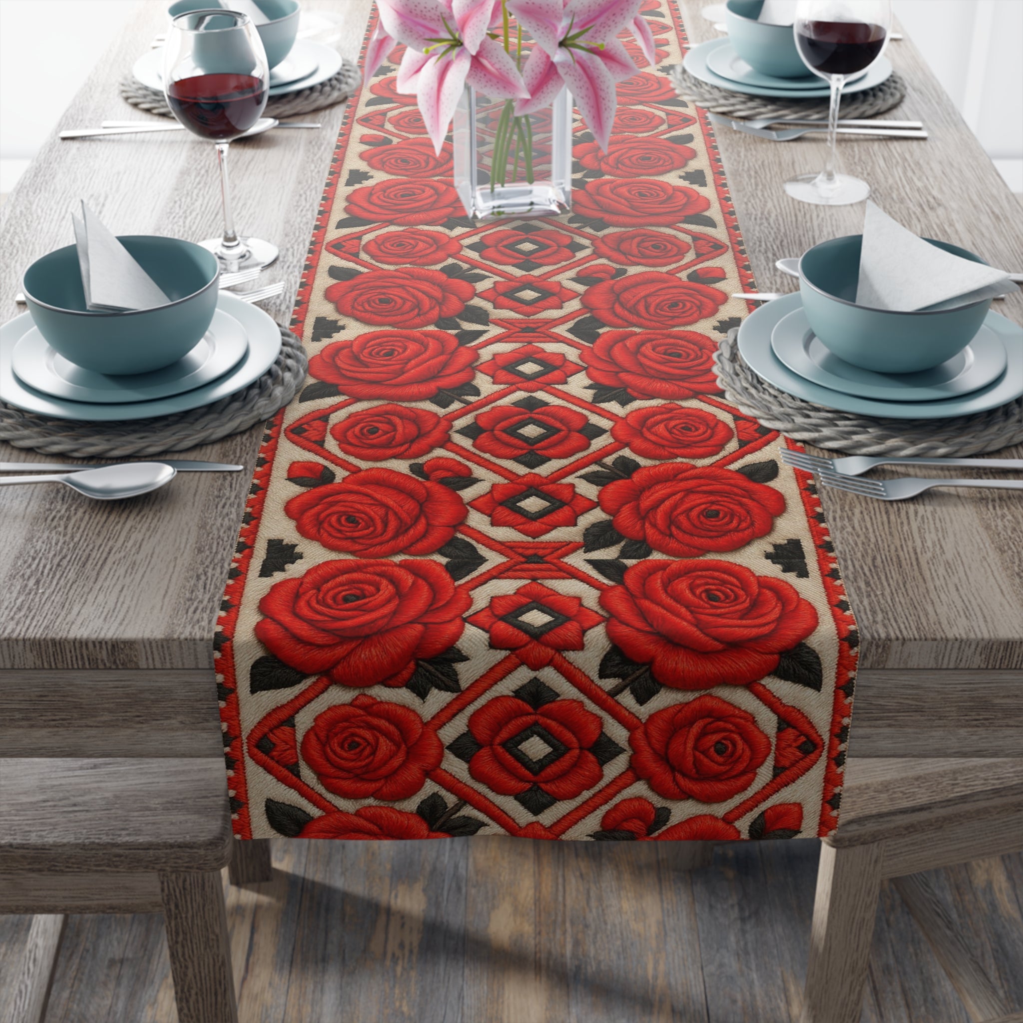 Red Roses Table Runner | Vintage Geometric Floral Dining Decor | Cotton Twill & Polyester
