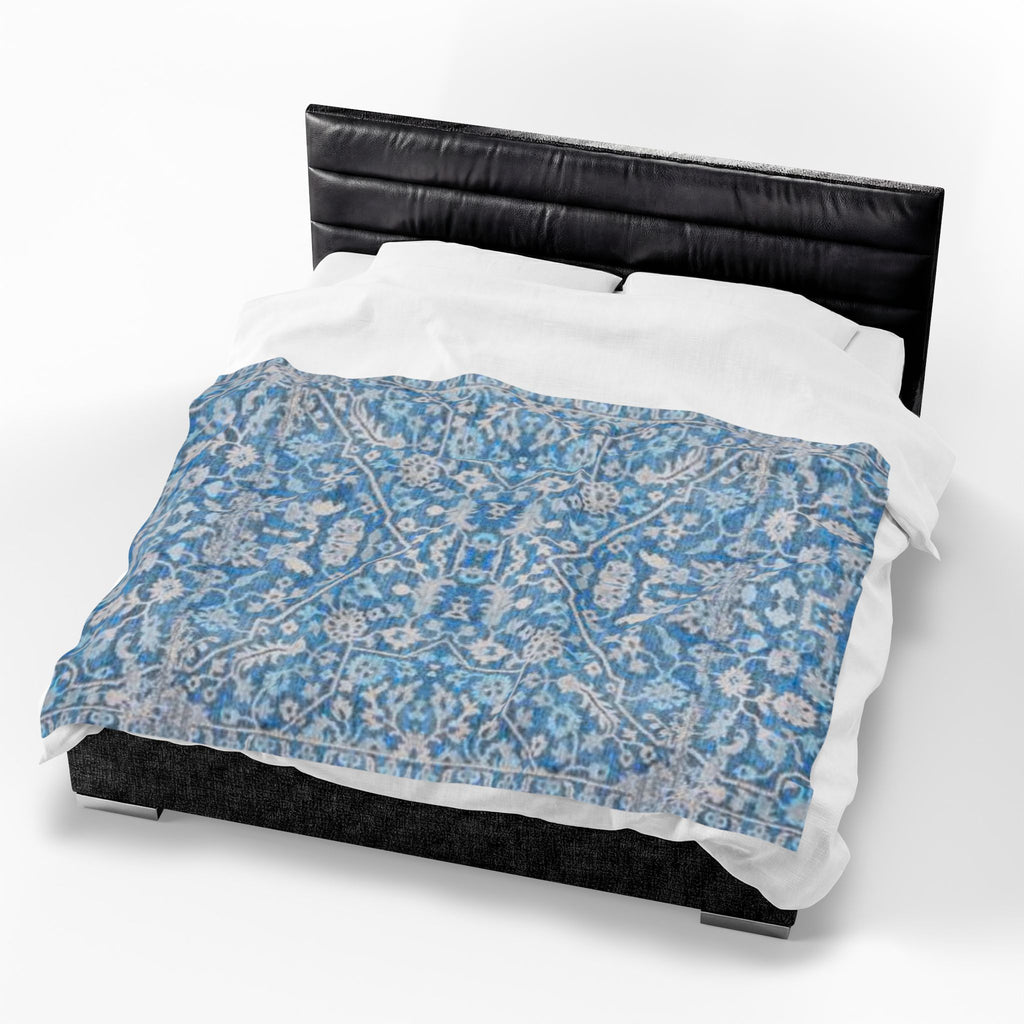 BLUESKYDEZIGN Grandmother's Heritage Velveteen Blanket - Blue Vintage Floral Boho Throw, Modern Rustic