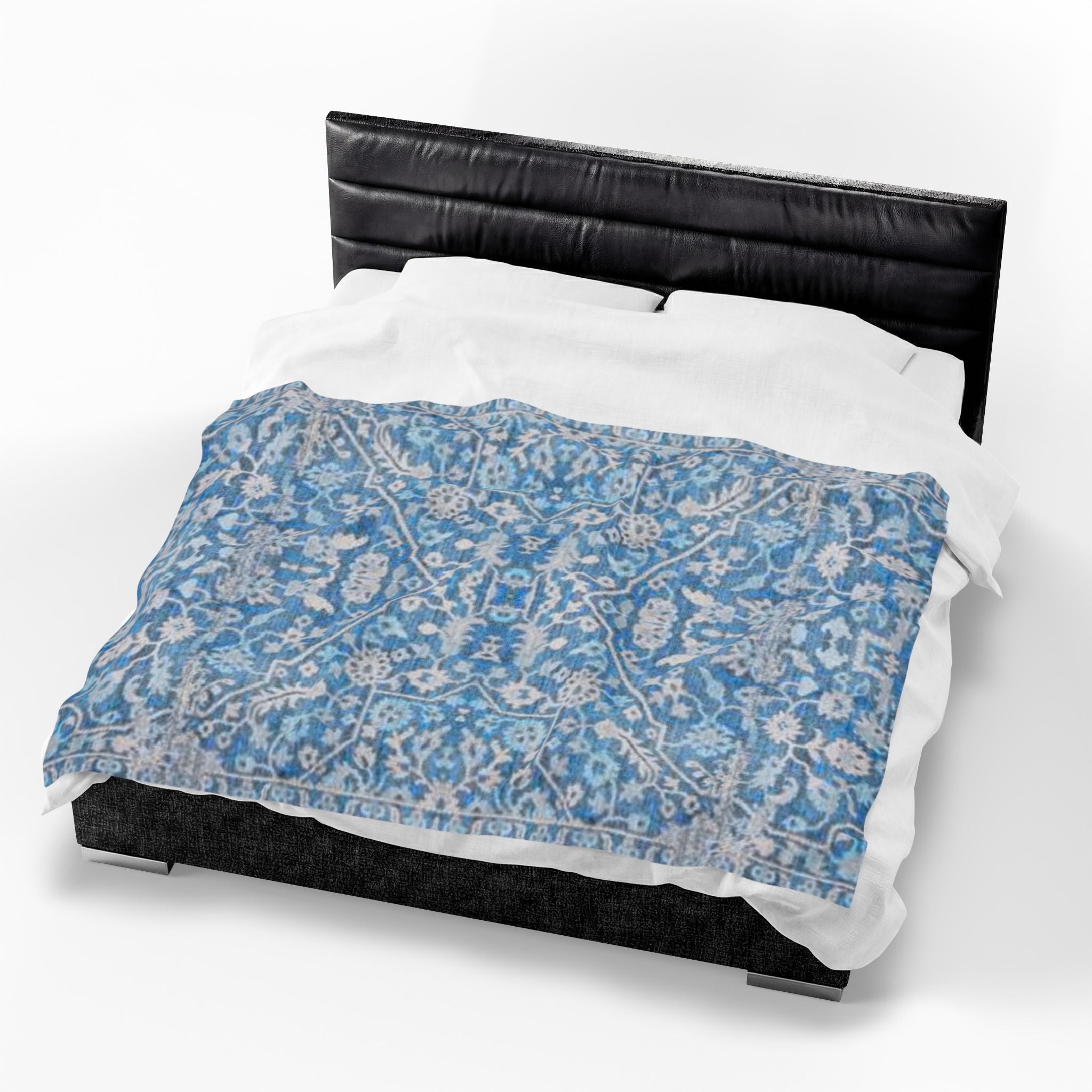 BLUESKYDEZIGN Grandmother's Heritage Velveteen Blanket - Blue Vintage Floral Boho Throw, Modern Rustic
