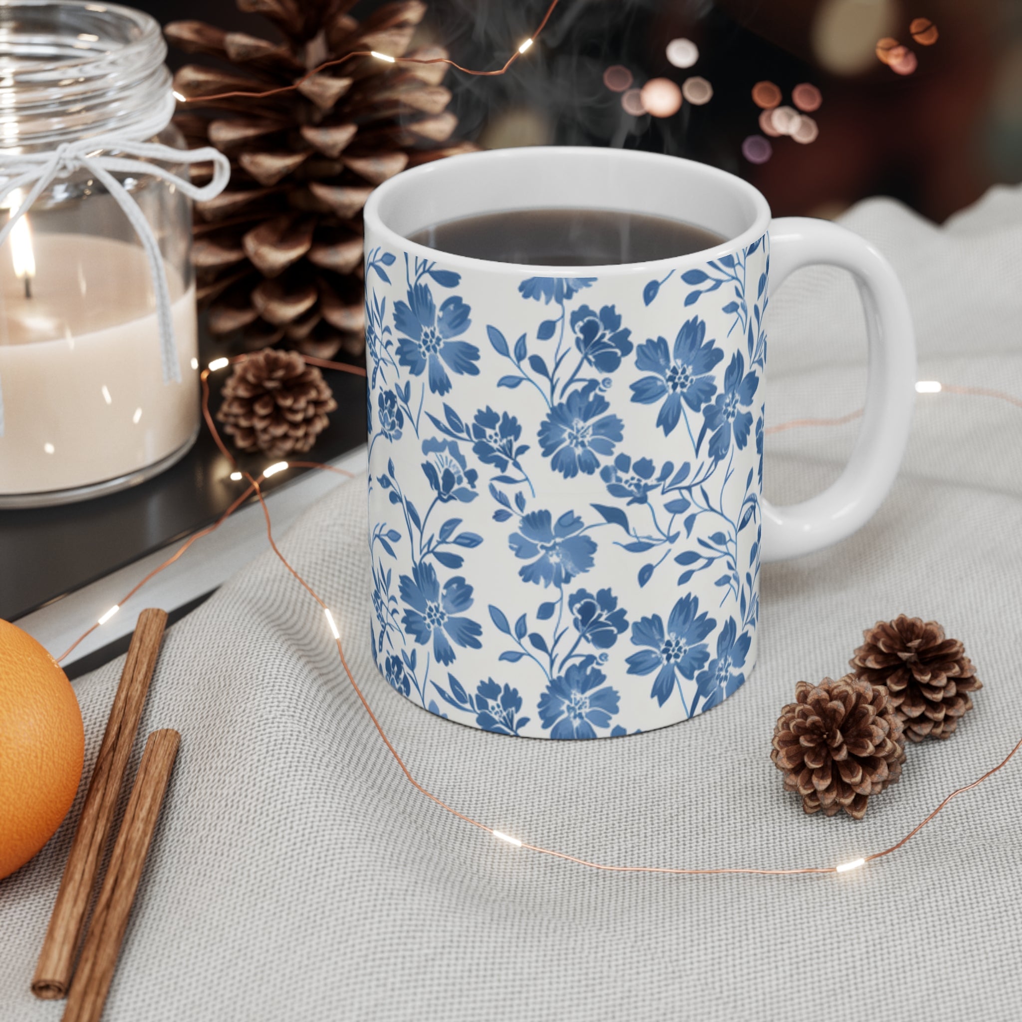 Blue Floral Ceramic Mug 11oz, Elegant Botanical Coffee Cup, Classic Flower Pattern Drinkware for Home  Office